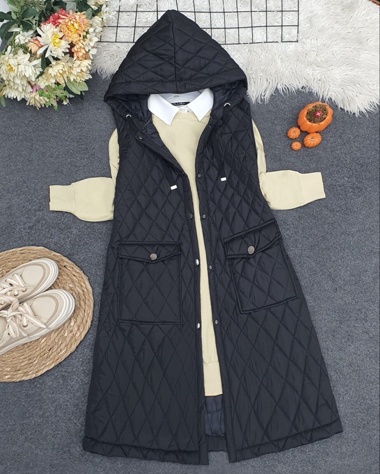 Quilted Vest with Flap Pockets - Black - Podyumplus - by Peralane - photo 3