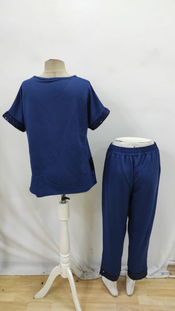 Women's Short Sleeve V-Neck Sequin Trim Viscose Two-Piece Top and Trousers Set - Janes - by Peralane - photo 5