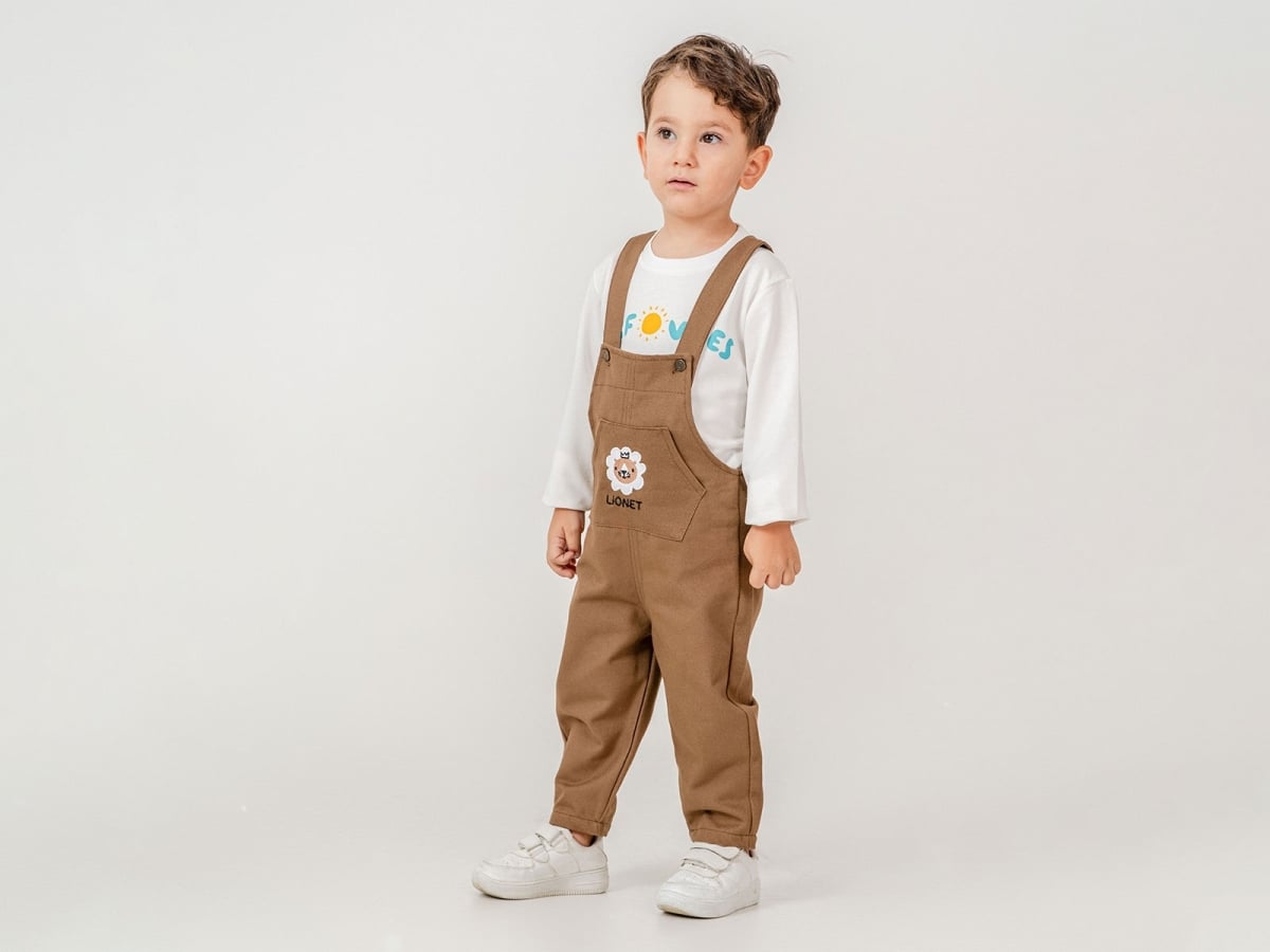 Lion Print Overalls Set for Baby Boys - Brown and White - Barkod - by Peralane