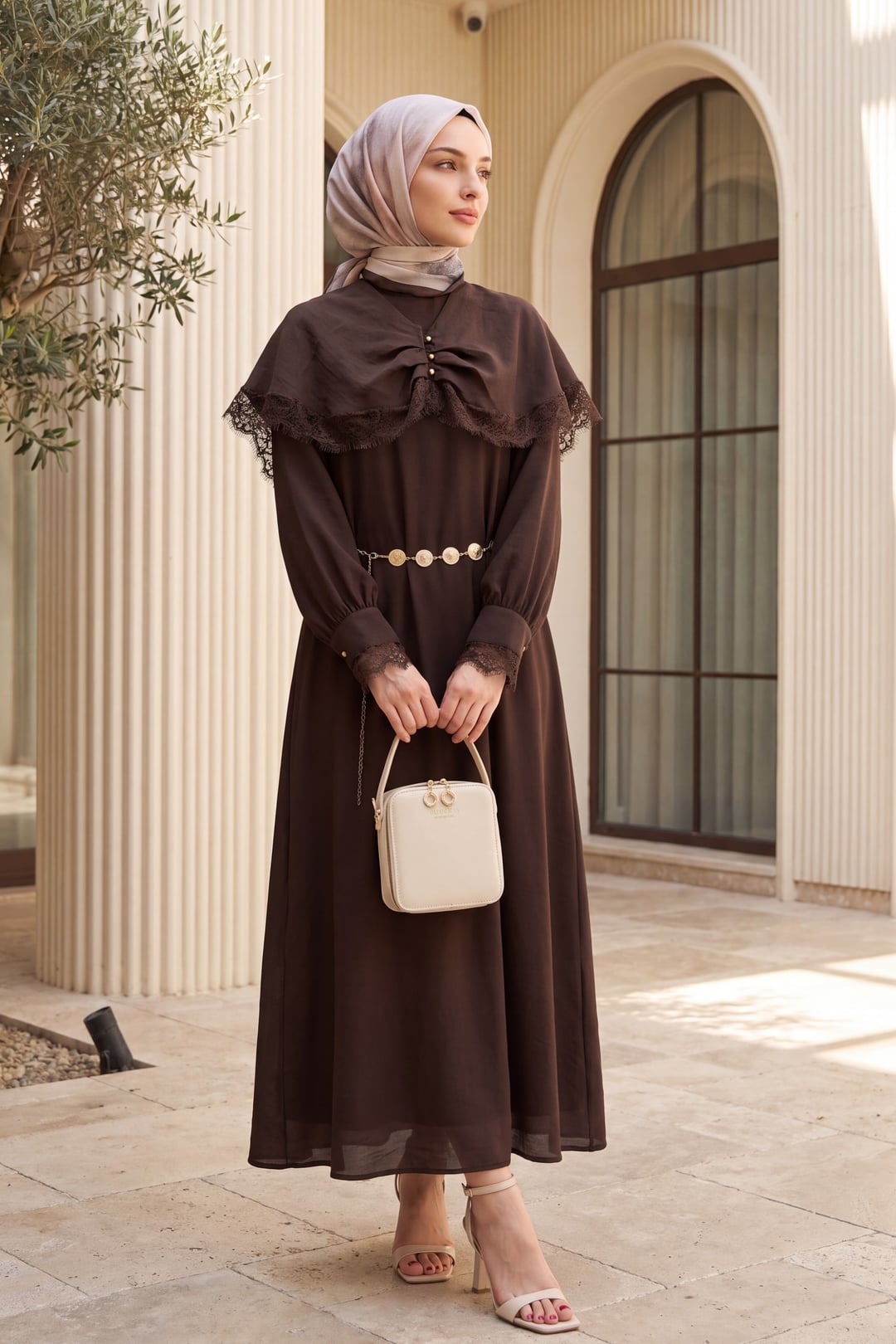 Lace Detail Cape Belted Lined Imported Ibiza Dress - Brown - Podyumplus - by Peralane - photo 2