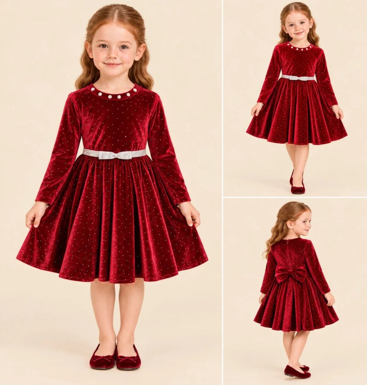 Red Velvet Girls Party Dress with Bow Belt - Interkidsy - by Peralane