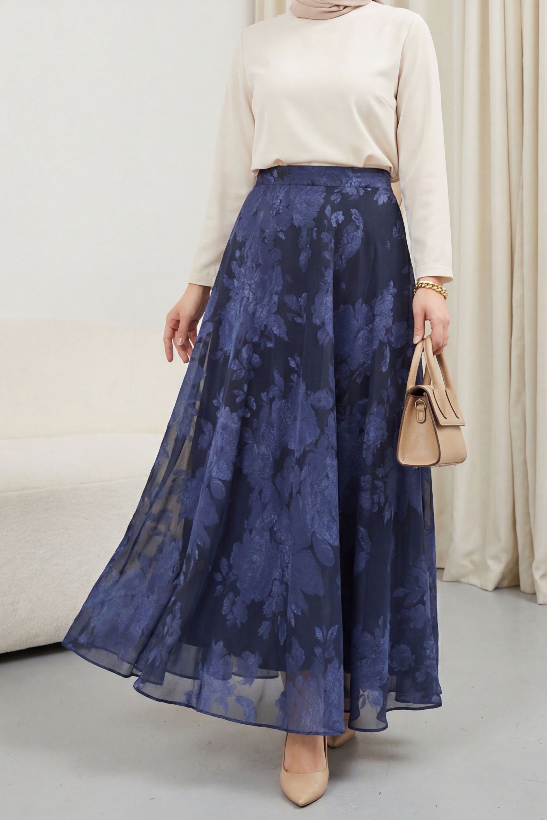 Navy Blue Floral Jacquard A-Line Maxi Skirt with Side Zipper - Podyumplus - by Peralane - photo 4