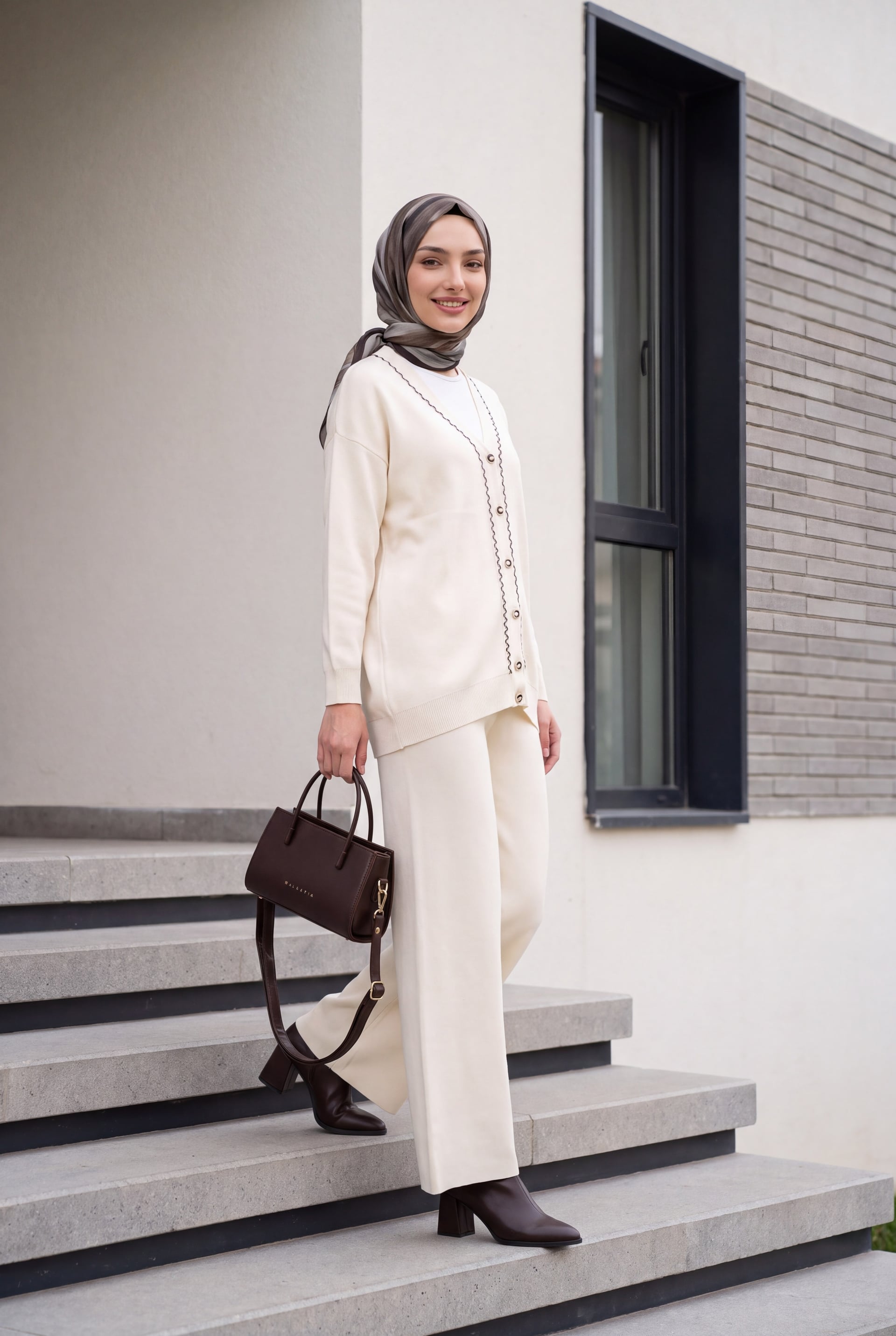 Women's Knit Cardigan and Wide-Leg Trousers Two-Piece Set 15956 - Ecru - Bigdart - by Peralane - photo 4
