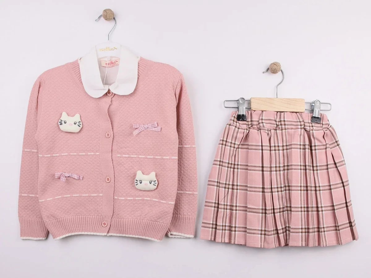 Girls' Knit Cardigan and Pleated Skirt Set with Peter Pan Collar and Cat Applique - Dusty Rose - Ecolkiz - by Peralane