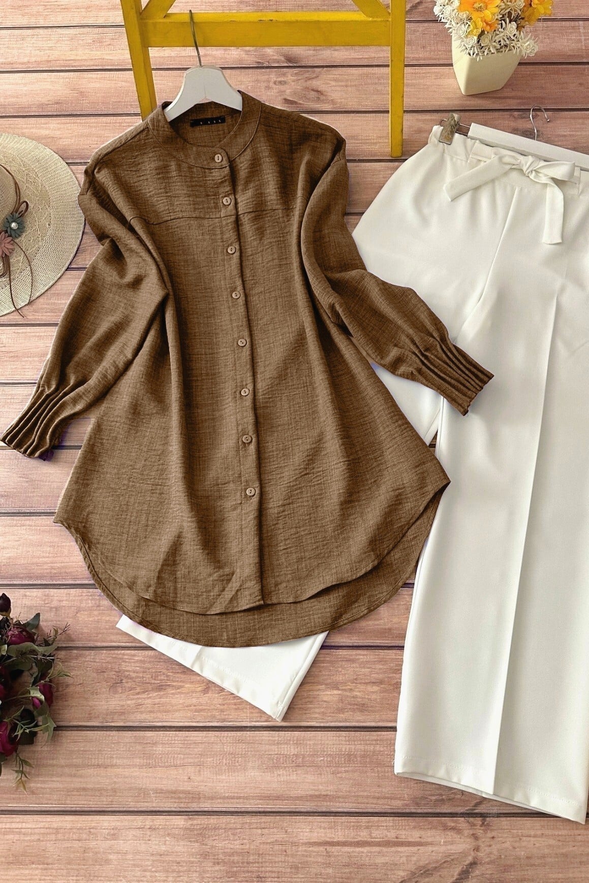 Oval Cut Tunic with Draped Cuff Detail - Tan - Podyumplus - by Peralane - photo 9