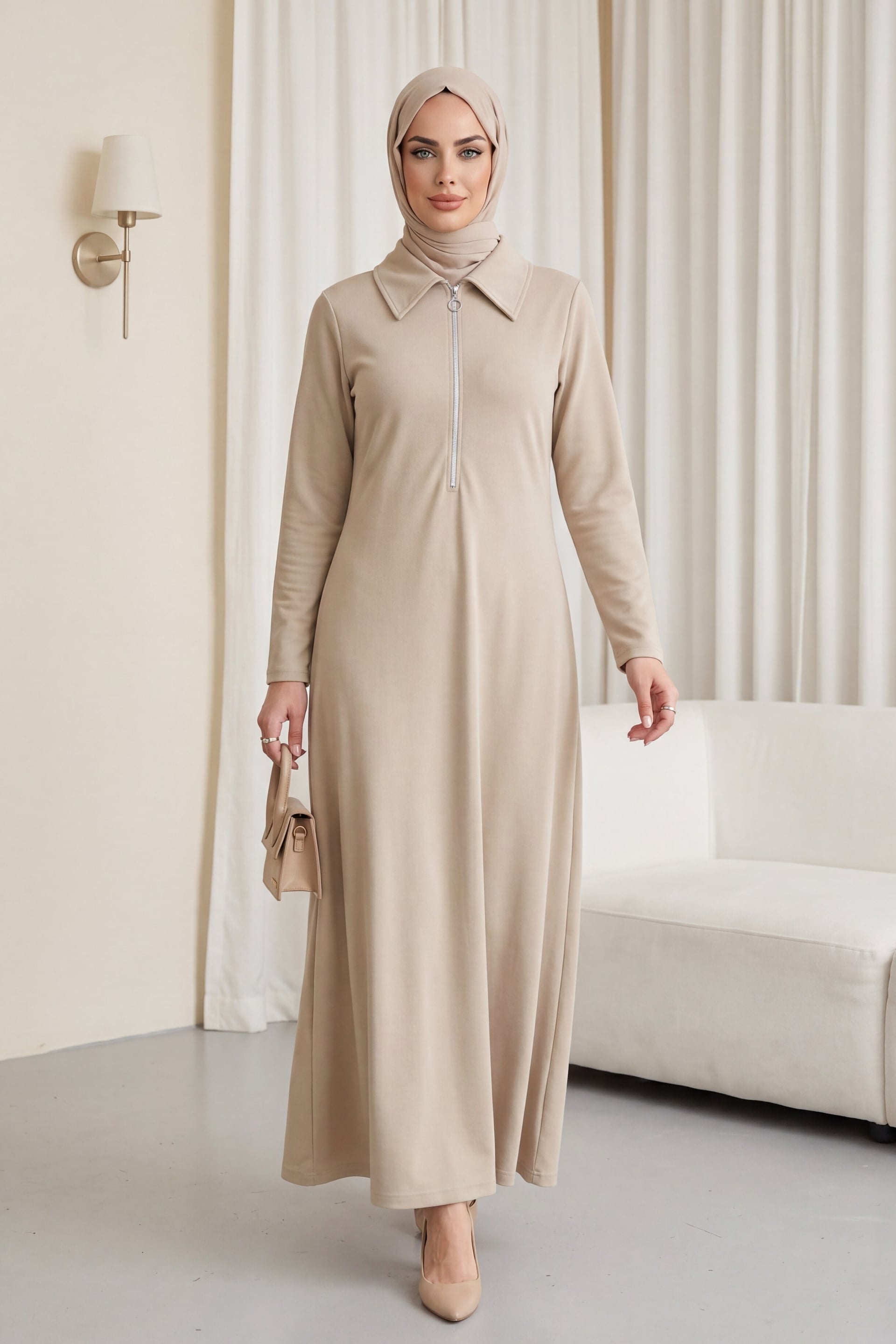 Half-Zip Long-Sleeve Shirt-Collar Maxi Dress in Light Beige - Podyumplus - by Peralane - photo 5
