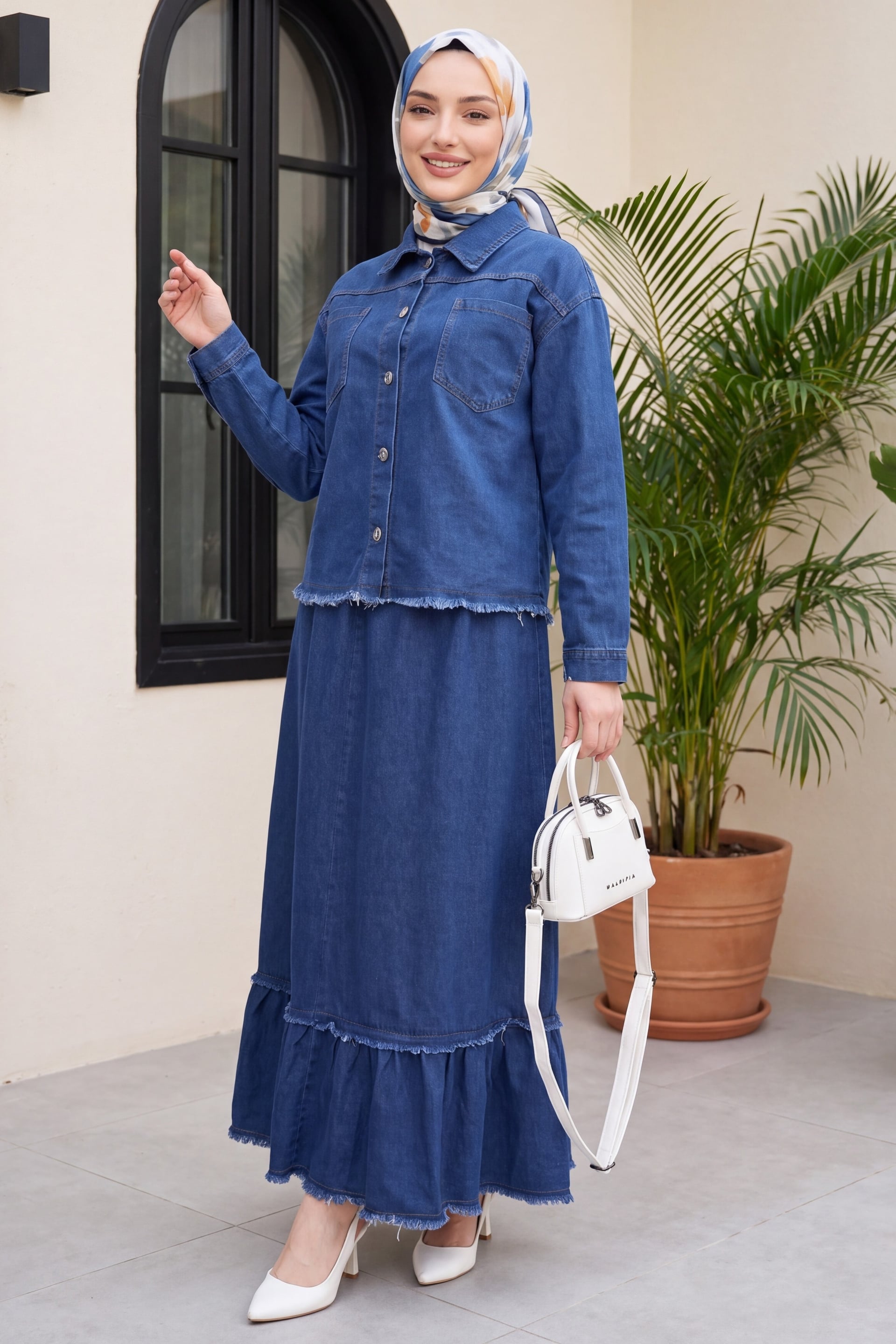 Women's Denim Shirt Collar Button-Front Jacket and Tiered Ruffle Skirt Set - Indigo - Podyumplus - by Peralane