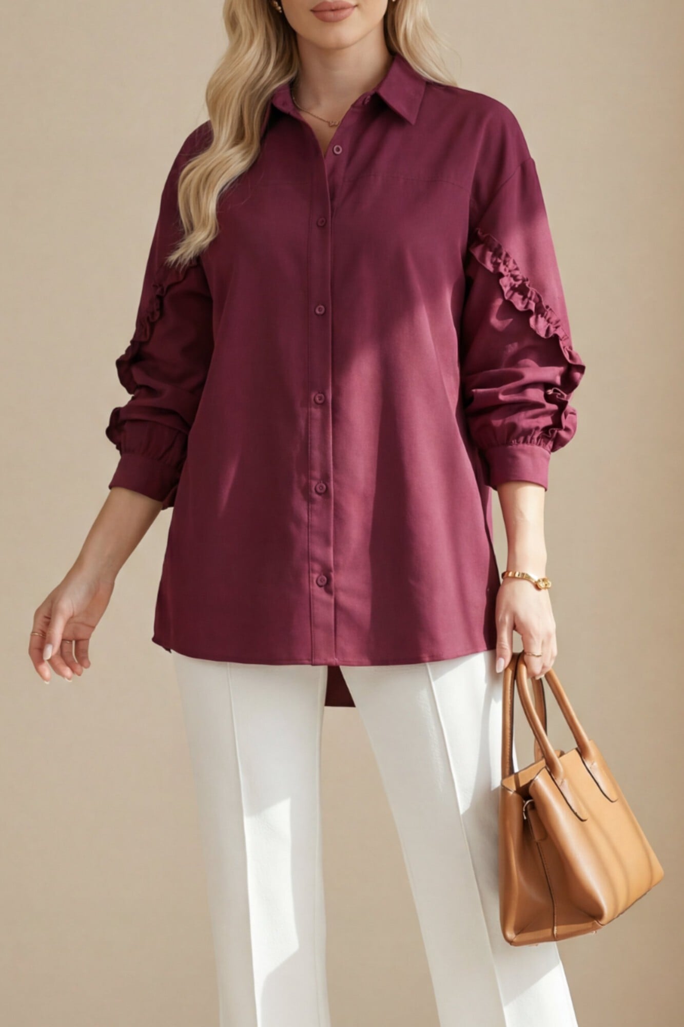 Ruffled Sleeve Buttoned Poplin Blouse - Bordeaux - Podyumplus - by Peralane