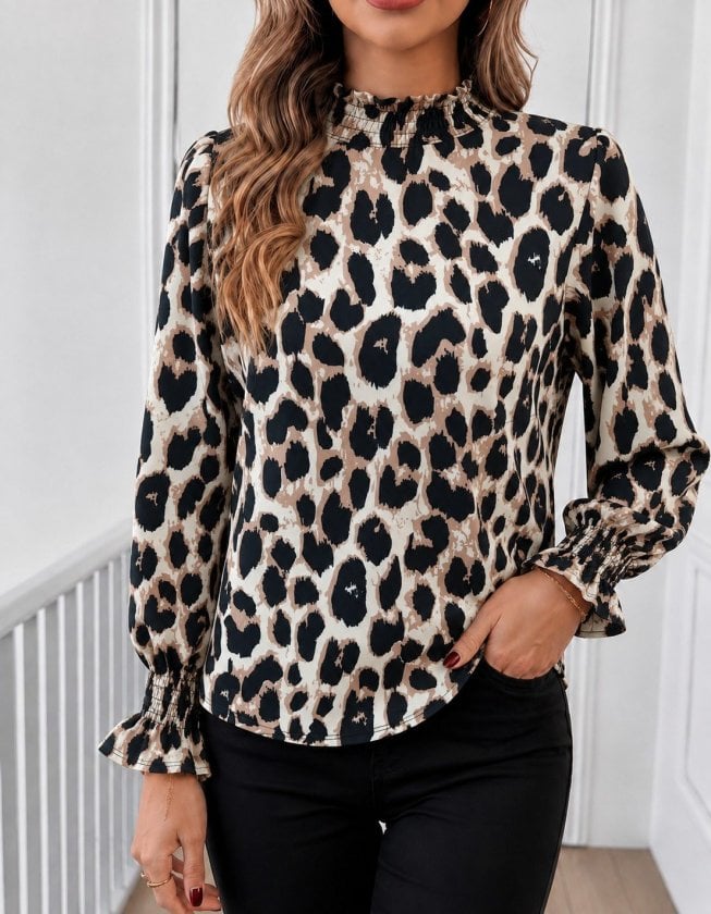 Women's Long Sleeve Leopard Print Modal Blouse with High Neck - Janes - by Peralane
