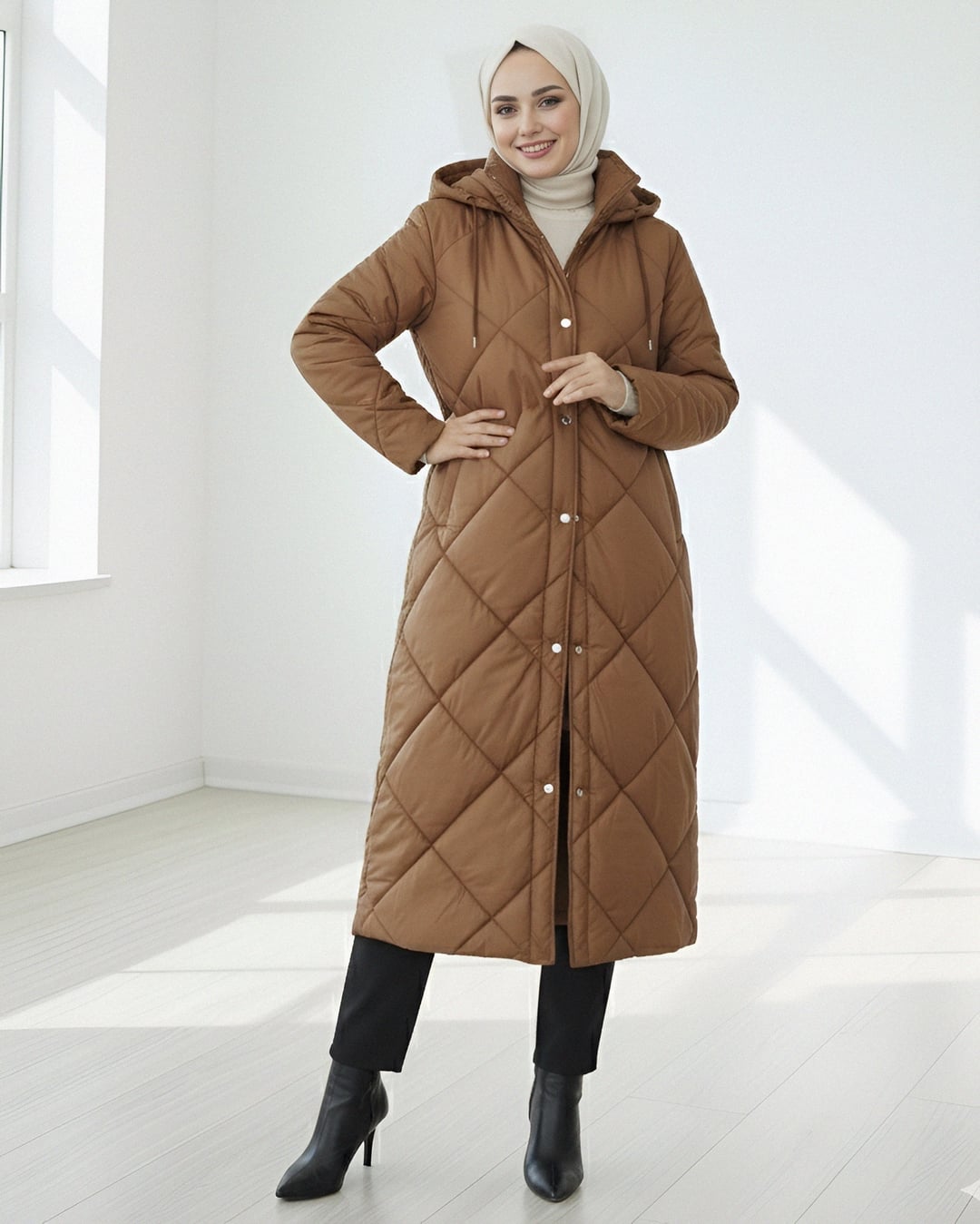 Long Quilted Hooded Coat with Belt and Button Front - Tan - Podyumplus - by Peralane - photo 4