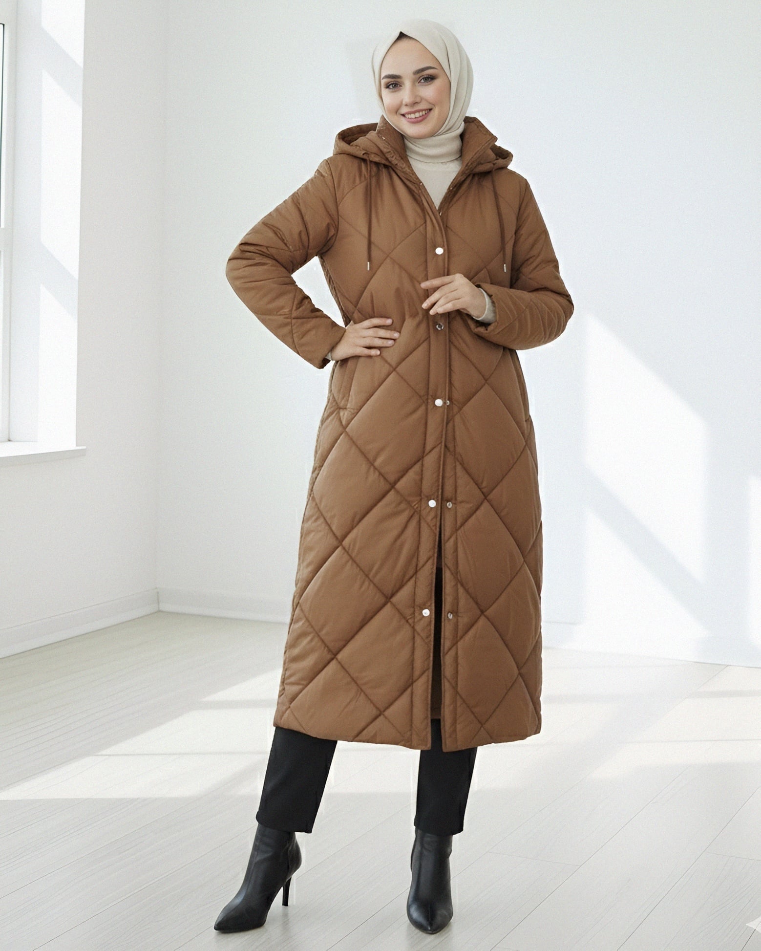 Long Quilted Hooded Coat with Belt and Button Front - Tan - Podyumplus - by Peralane - photo 4
