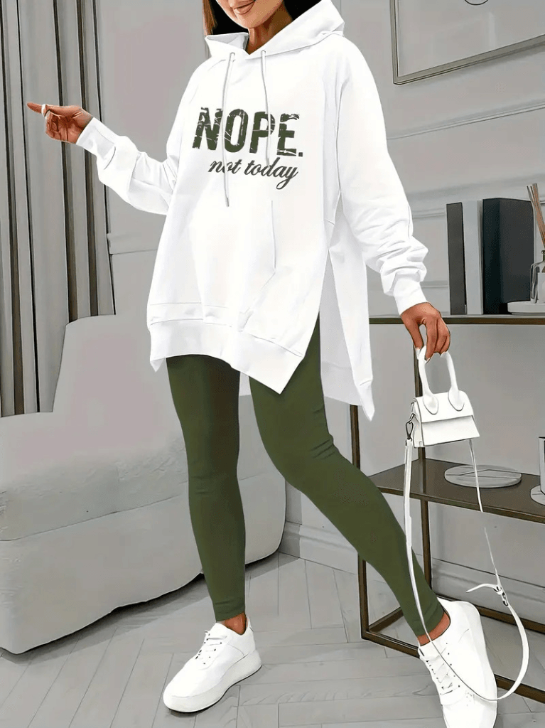 Women's Long-Sleeve Hooded Drawstring Viscose Two-Thread Sweat Set with Leggings, Dark Green - Janes - by Peralane - photo 2