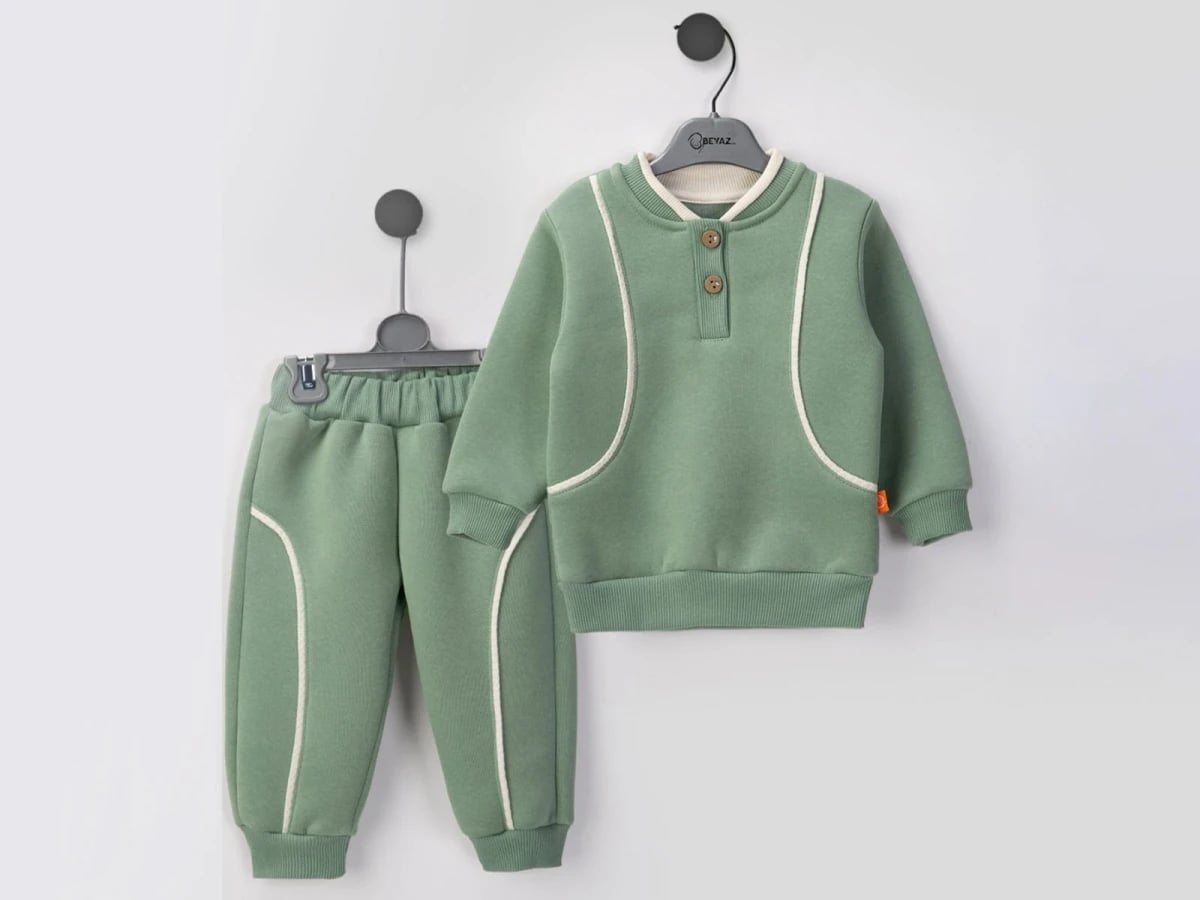 Striped Buttoned 3-Thread Brushed Baby Girl Set - Green - Beyaz Bebek - by Peralane