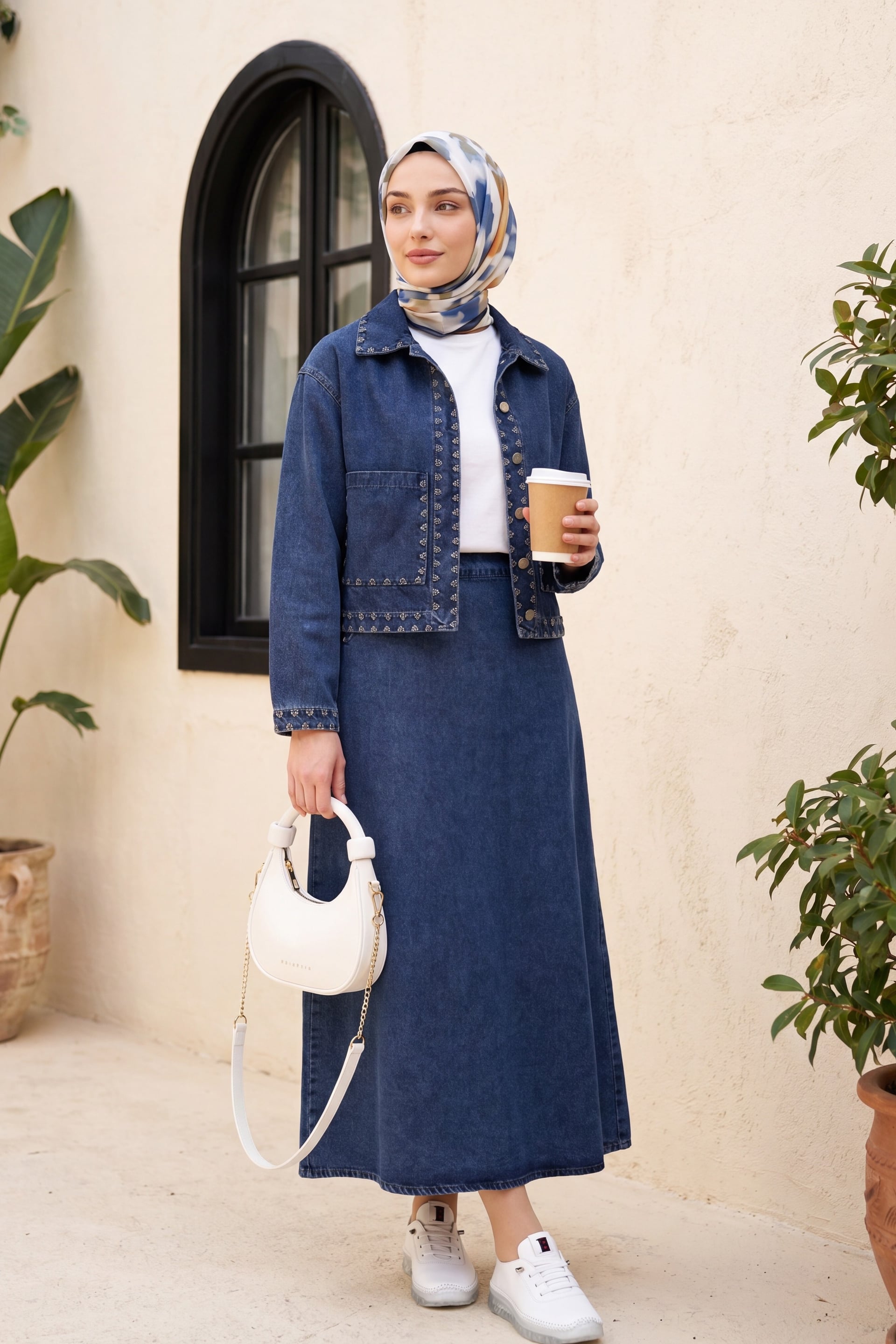 Embroidered Double Pocket Button-Front Denim Skirt Set - Dark Blue - Podyumplus - by Peralane - photo 3
