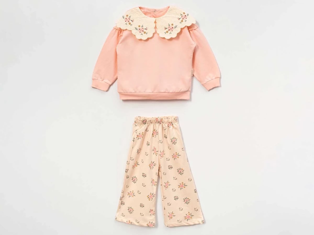Girls' Embroidered Floral Two-Piece Set with Peter Pan Collar - Salmon - Vovido - by Peralane