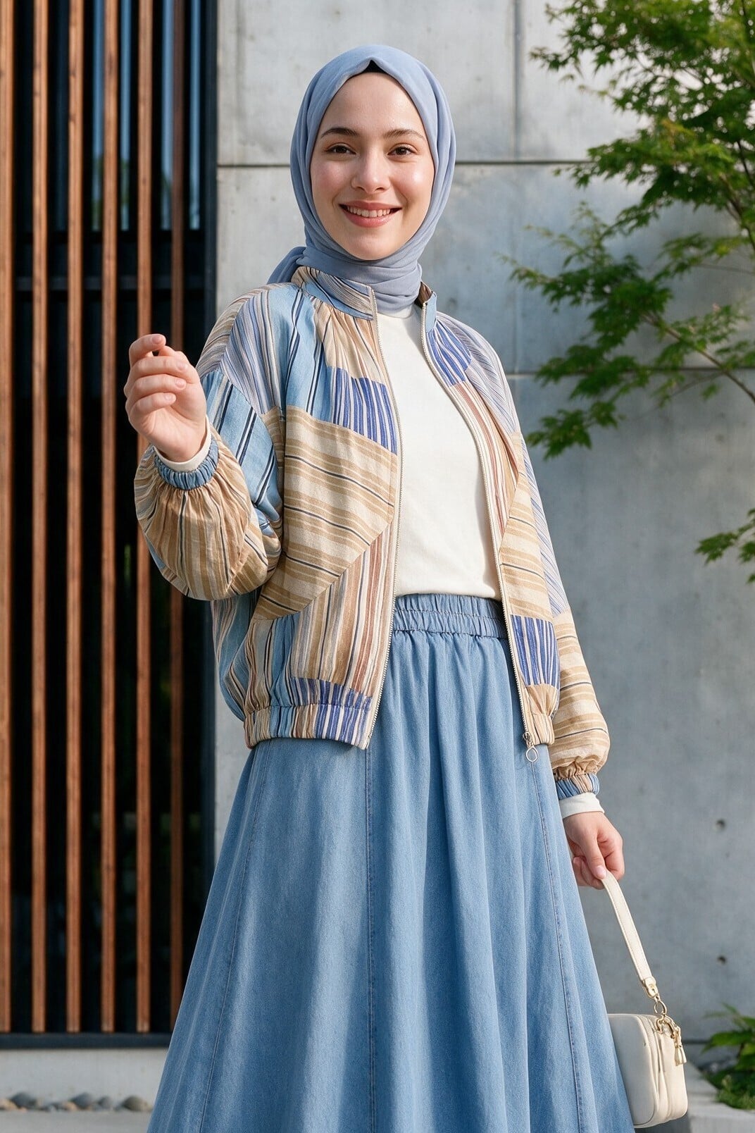 Zip-Front Patchwork Bomber Jacket - Light Blue - Podyumplus - by Peralane
