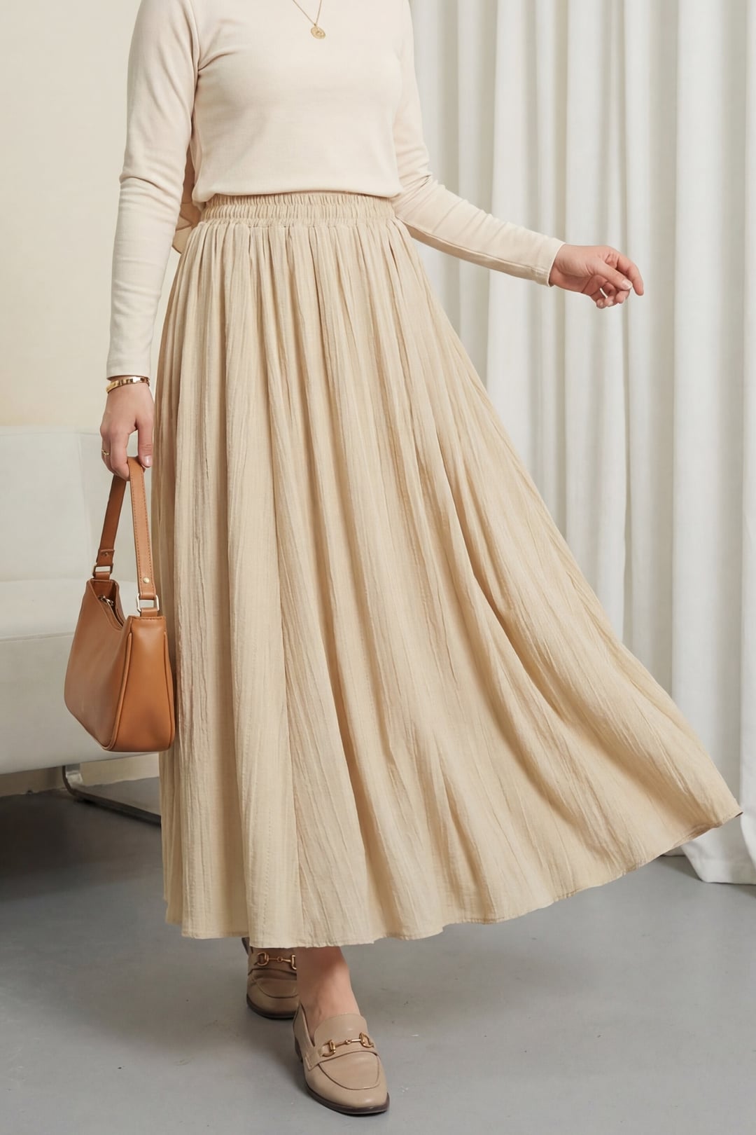 Elasticated Waist Long Waffle Skirt with Lining - Light Beige - Podyumplus - by Peralane - photo 4