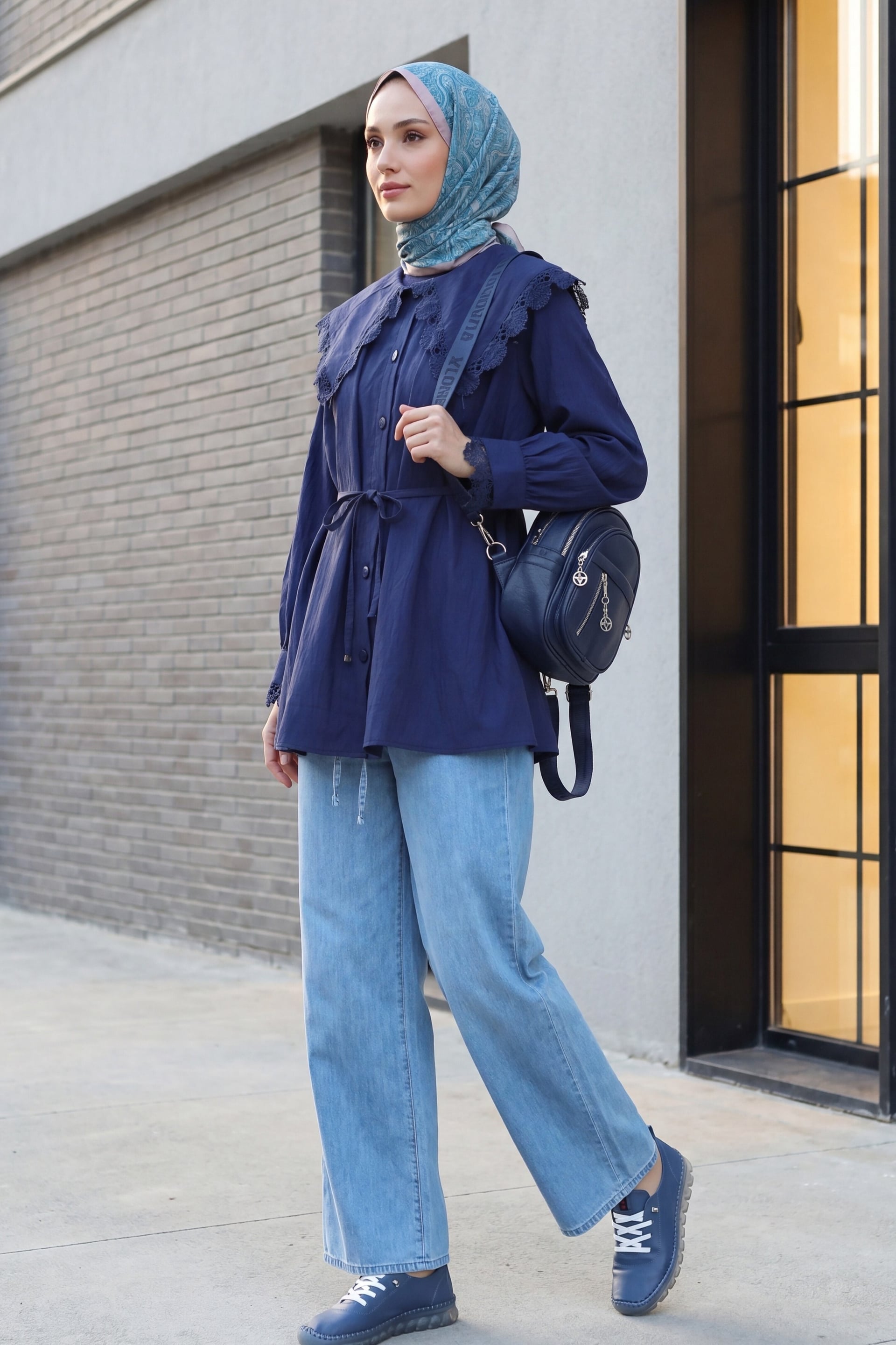 Wide Leg Elastic Waist Drawstring Denim Trousers - Blue - Podyumplus - by Peralane - photo 2
