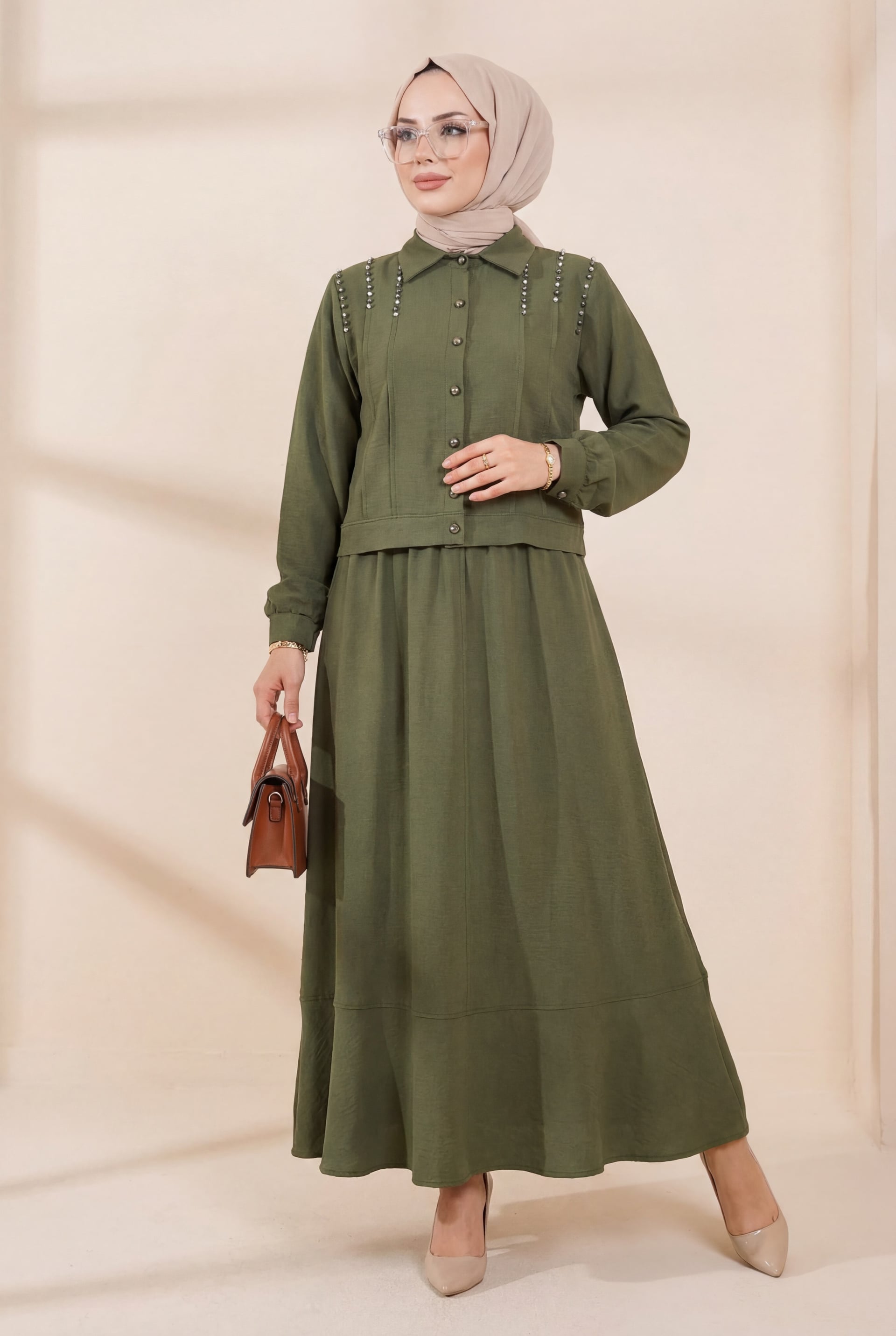 Stone-Embellished Collared Jacket and Skirt Co-ord Set in Olive Green - Podyumplus - by Peralane - photo 2