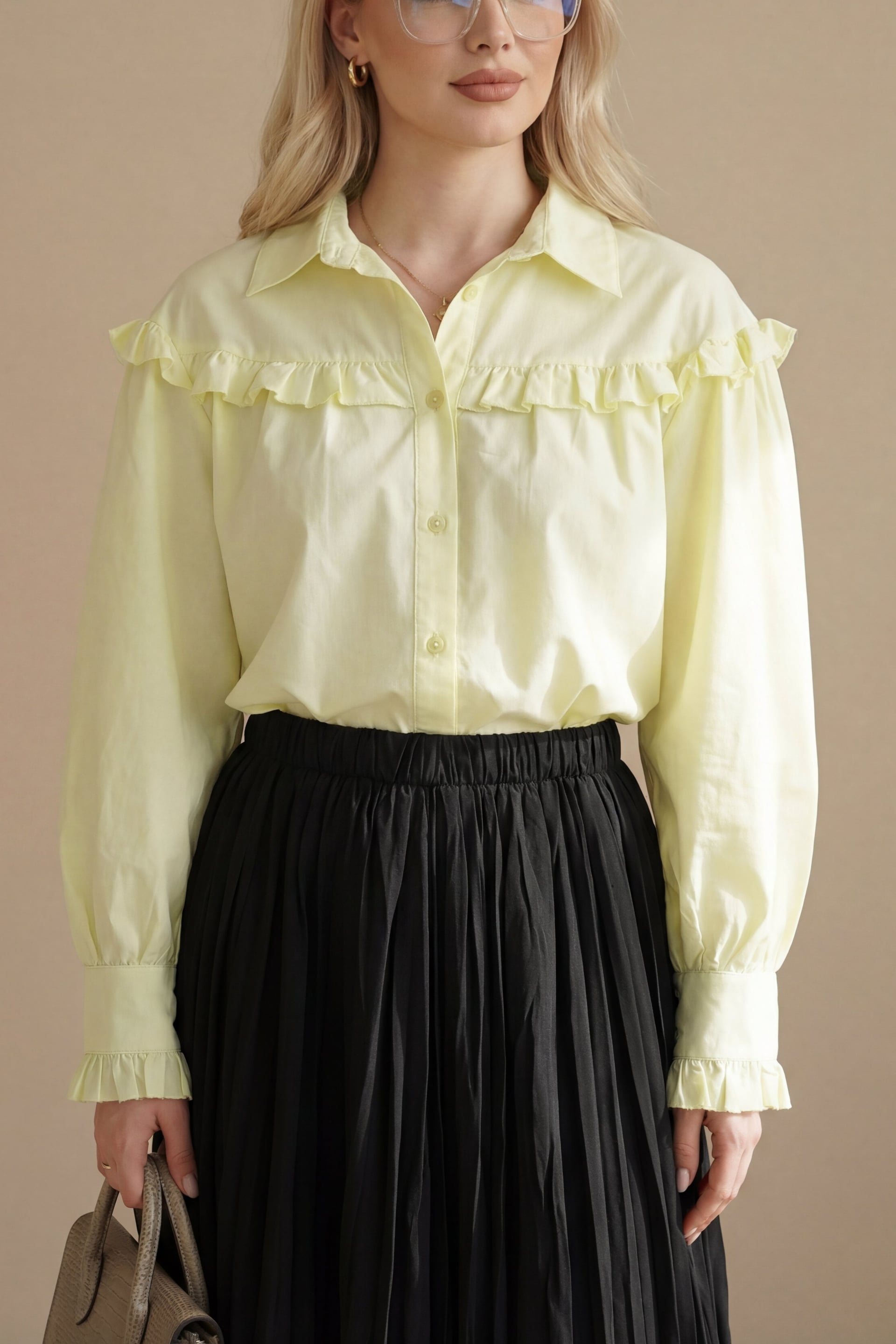 Ruffle Detail Buttoned Short Blouse - Yellow - Podyumplus - by Peralane - photo 4