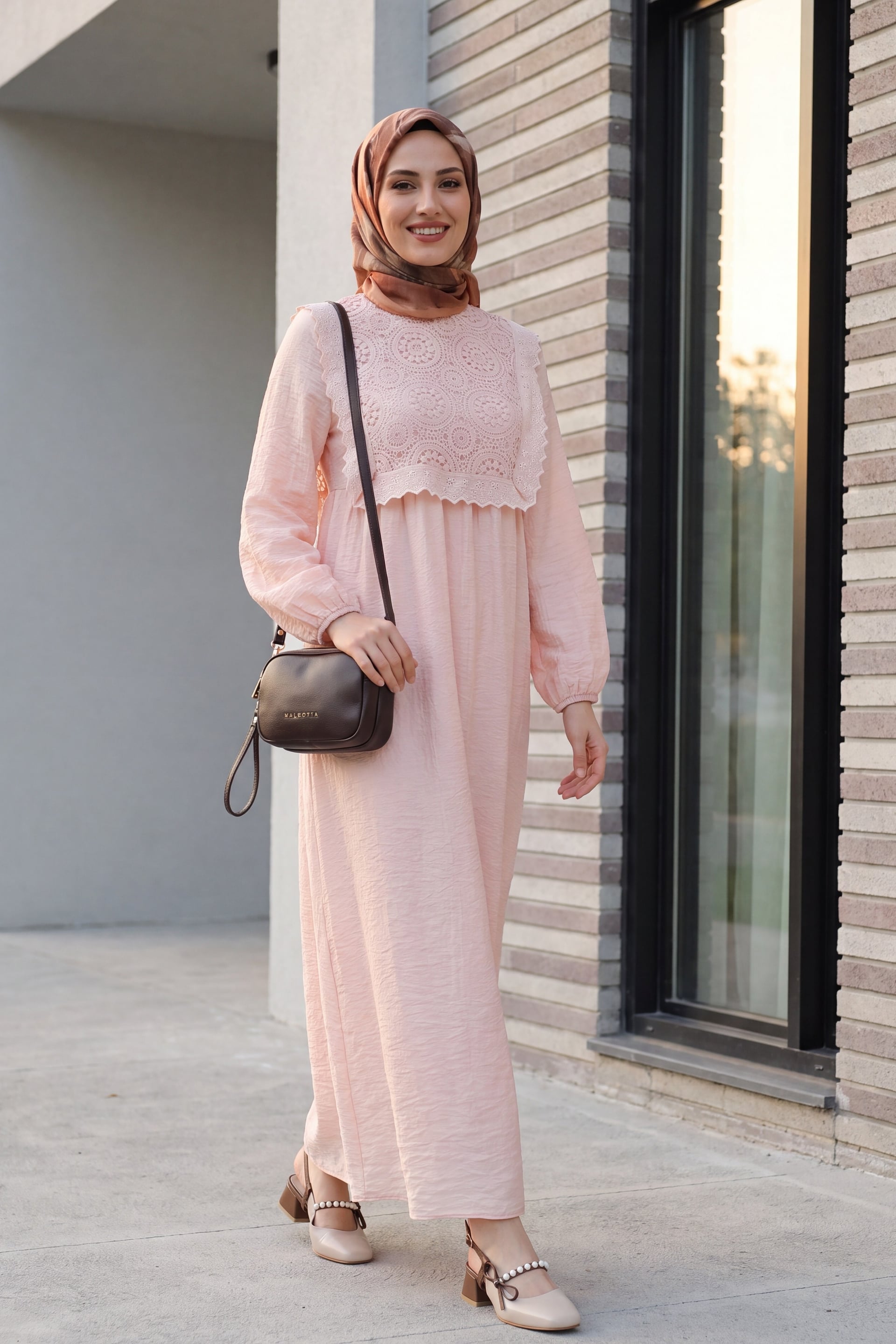 Removable Lace Vest Long-Sleeved Lined Crepe Dress - Powder - Podyumplus - by Peralane - photo 2