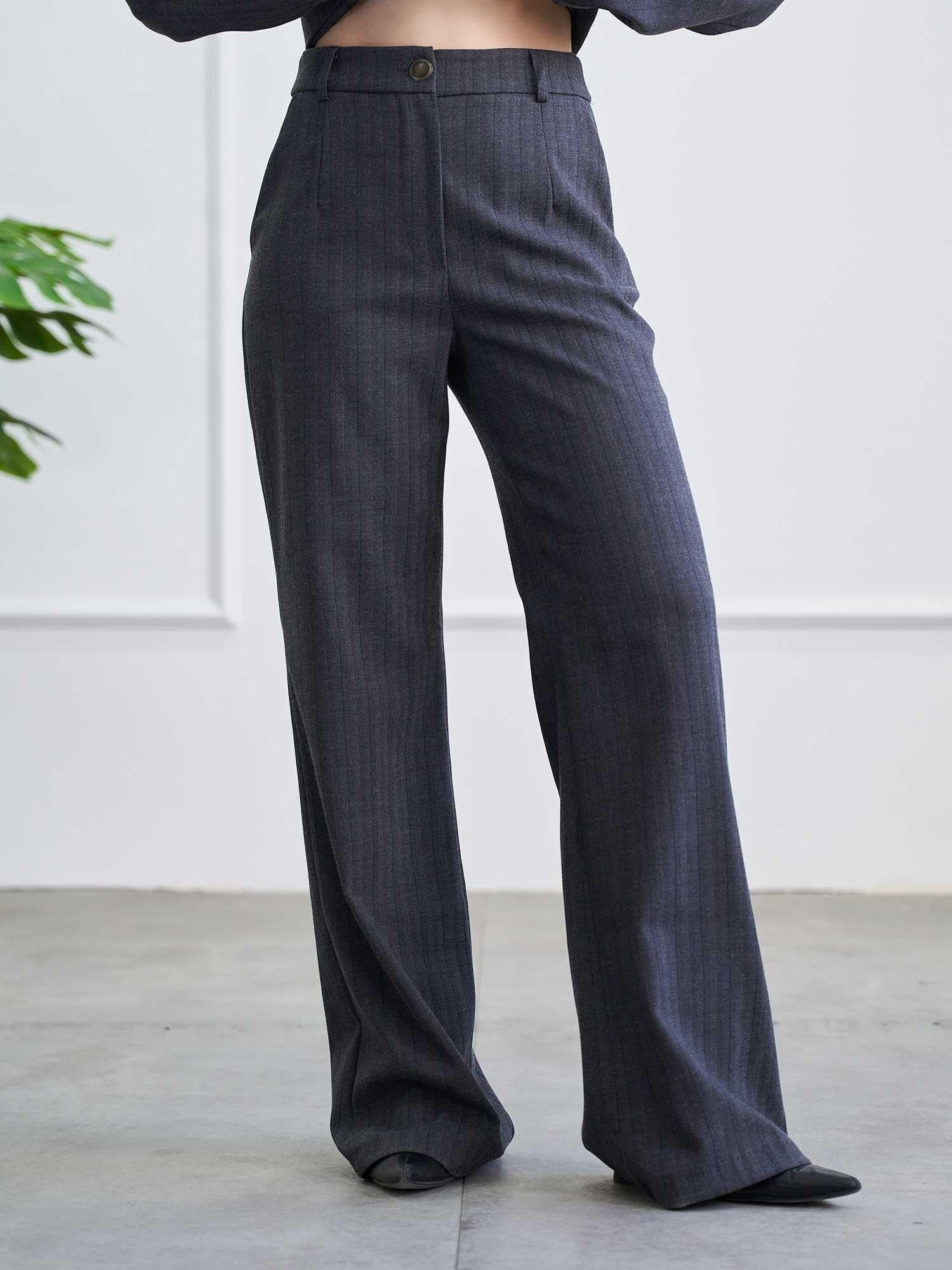 Herringbone Wide-Leg Trousers in Dark Grey - Lefon - by Peralane