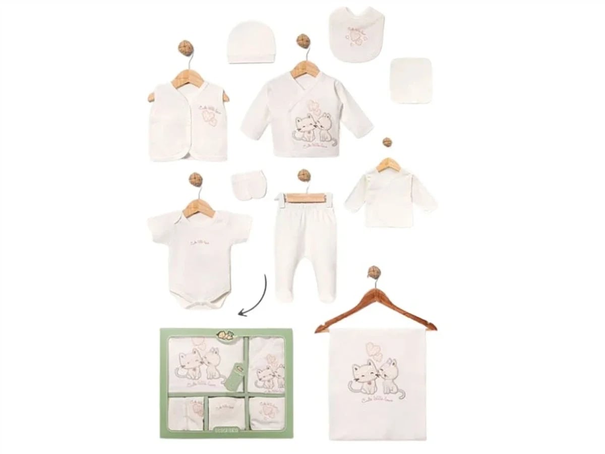 Two Kittens Print 10-Piece Hospital Exit Baby Girl Bodysuit Set in Powder - Baby Zuhu - by Peralane