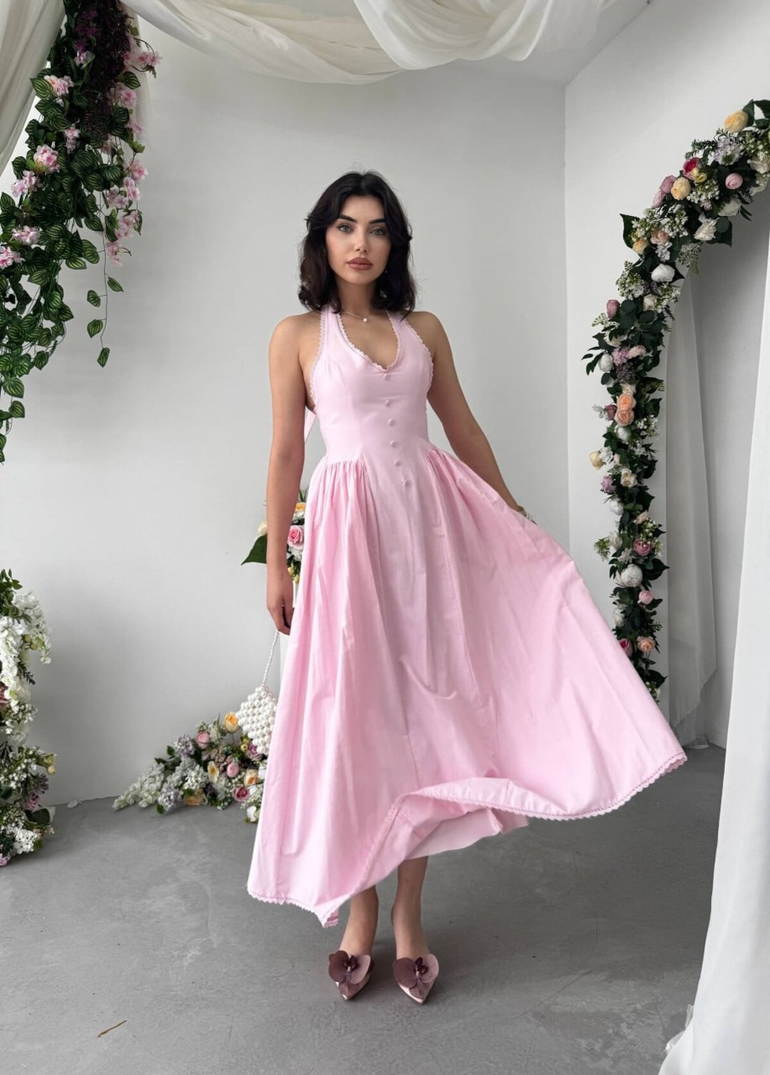 Pink Halter Neck Button Front Poplin Dress - Etika - by Peralane - photo 6