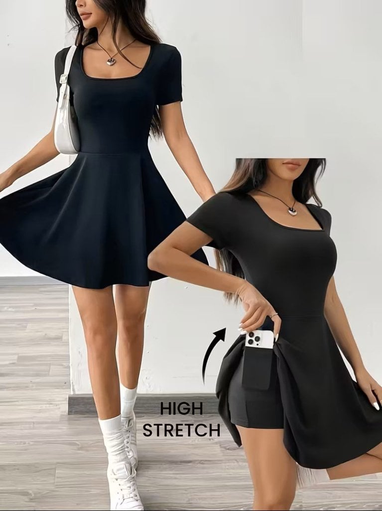 Women's Short-Sleeved Square Neck Dress with Pockets and Built-in Shorts - Janes - by Peralane