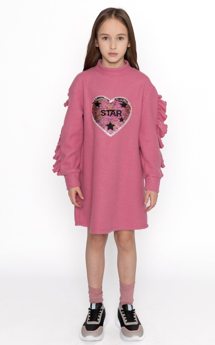 Girl's Knit Dress with Sequined Heart Motif - 4-12Y - Sheshe - by Peralane
