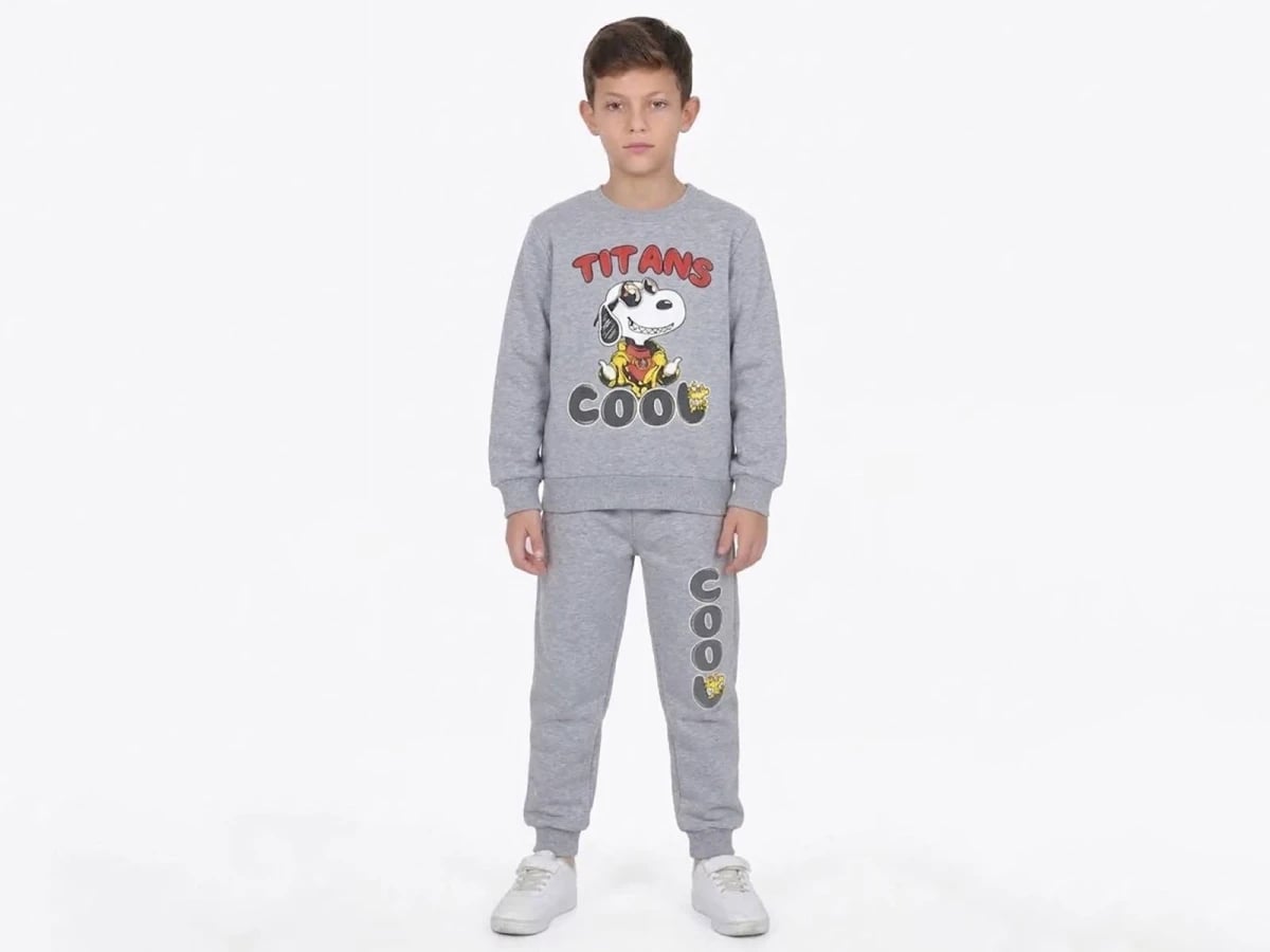 Snoopy Print 3-Thread Fleece Boys' Tracksuit Set - Light Grey (Pack of 5) - CMK - by Peralane