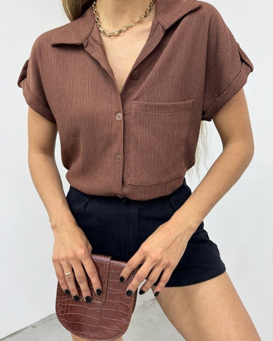 Women's Brown Ribbed Short-Sleeve Shirt with Chest Pocket - Podyumplus - by Peralane - photo 3