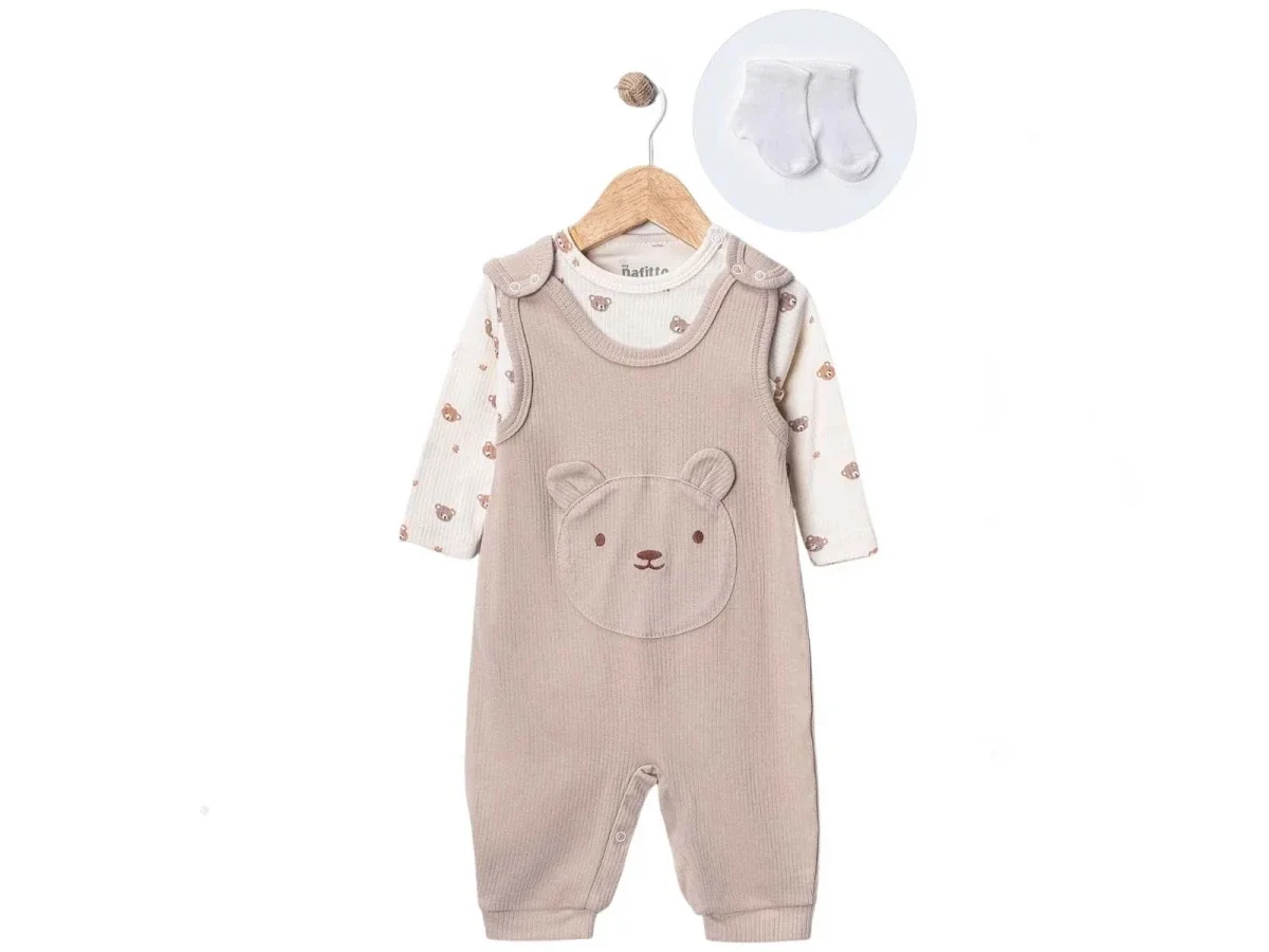 Teddy Bear Print Baby Boys' Top and Dungaree Set - Nafitto - by Peralane