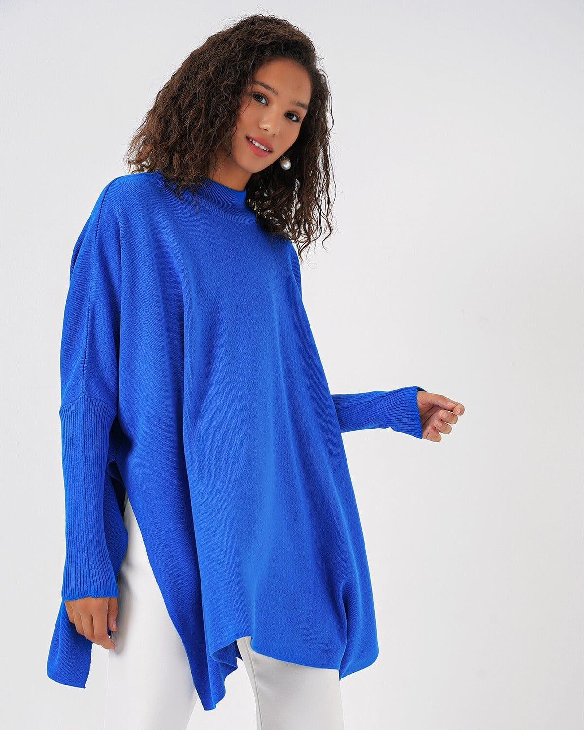 Oversize Poncho Knit Sweater with Side Slits - Bright Blue - Bigdart - by Peralane - photo 6