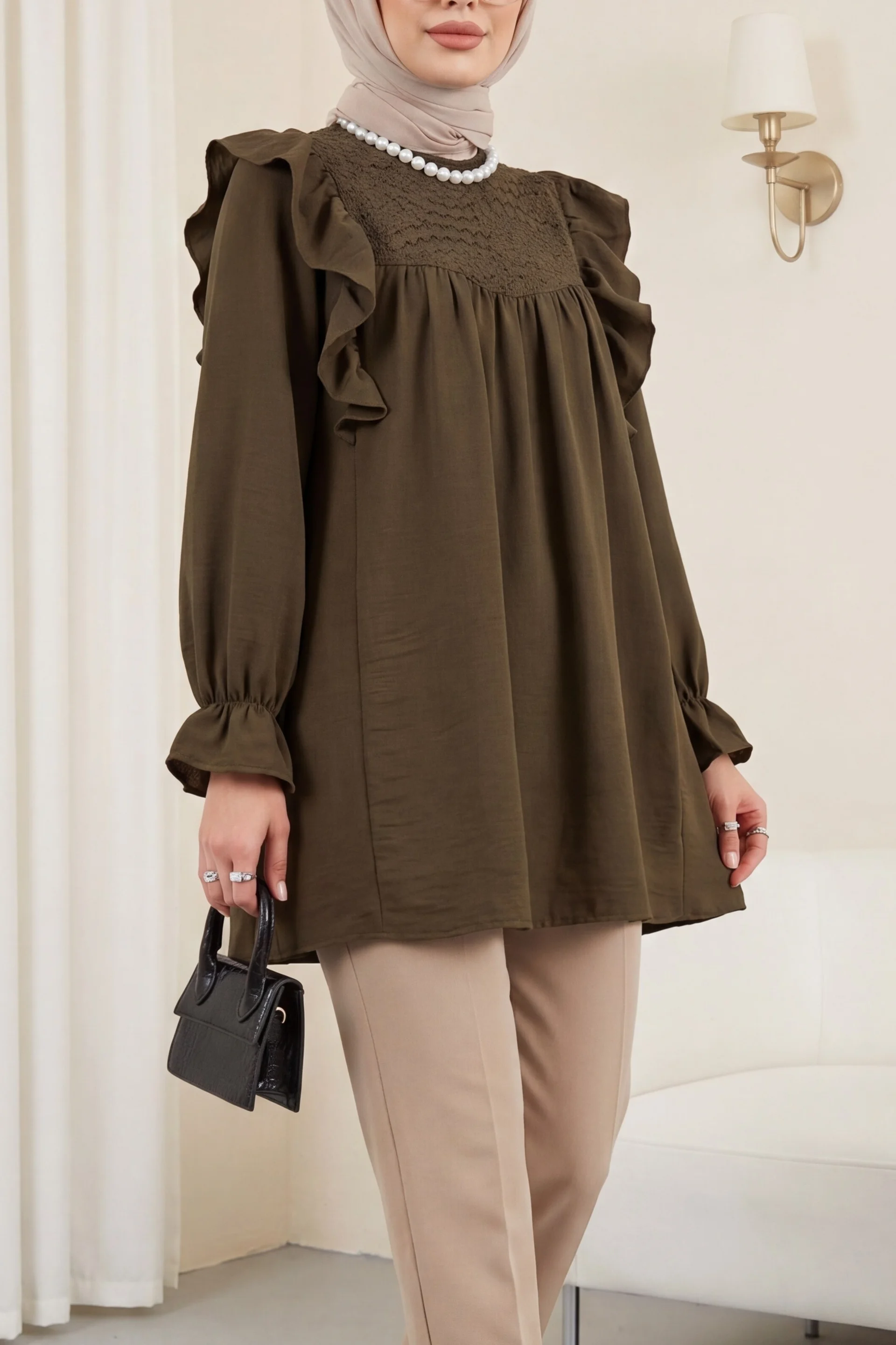 Ruffled Shoulder Poplin Tunic with Lace Yoke - Brown - Podyumplus - by Peralane
