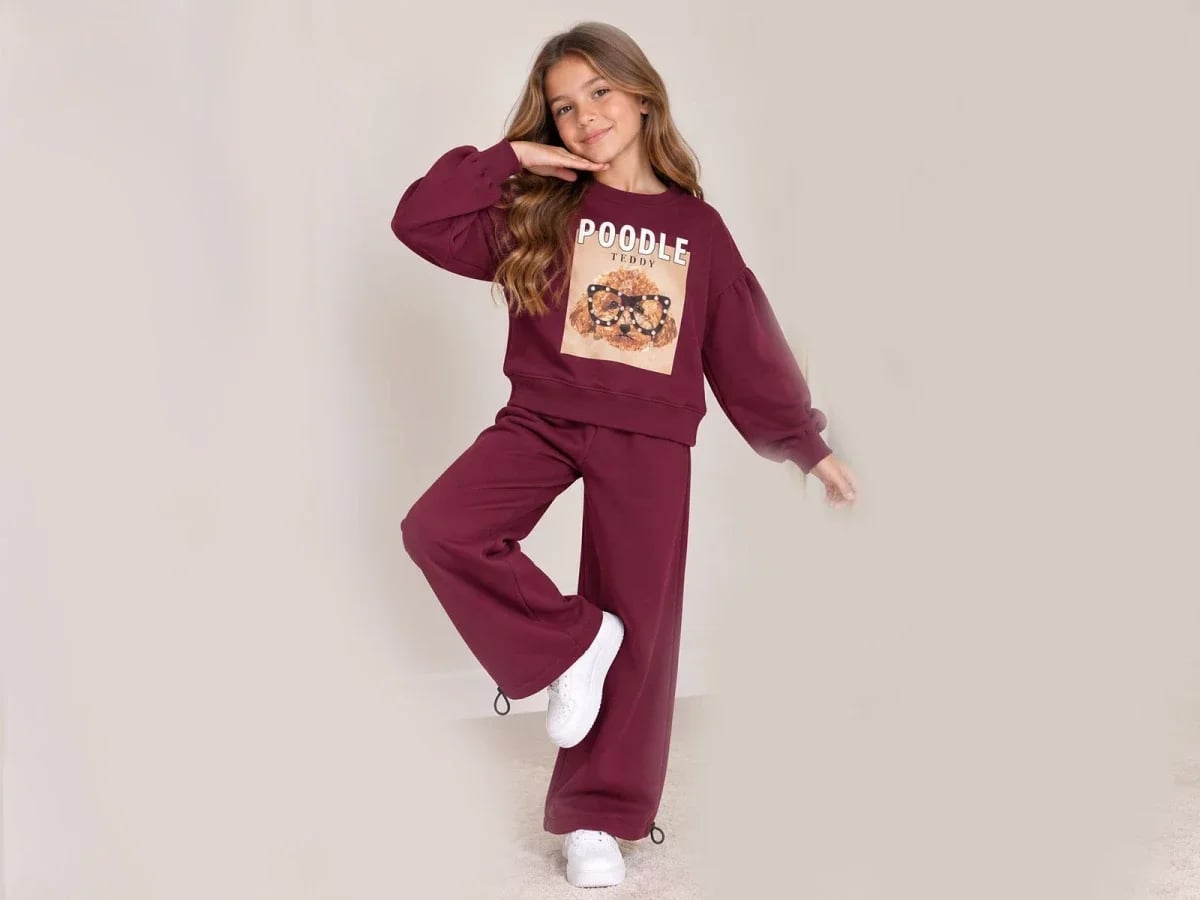 Girls' Poodle Print Sweatshirt and Trousers Set - Burgundy - ÖZ Bebe - by Peralane