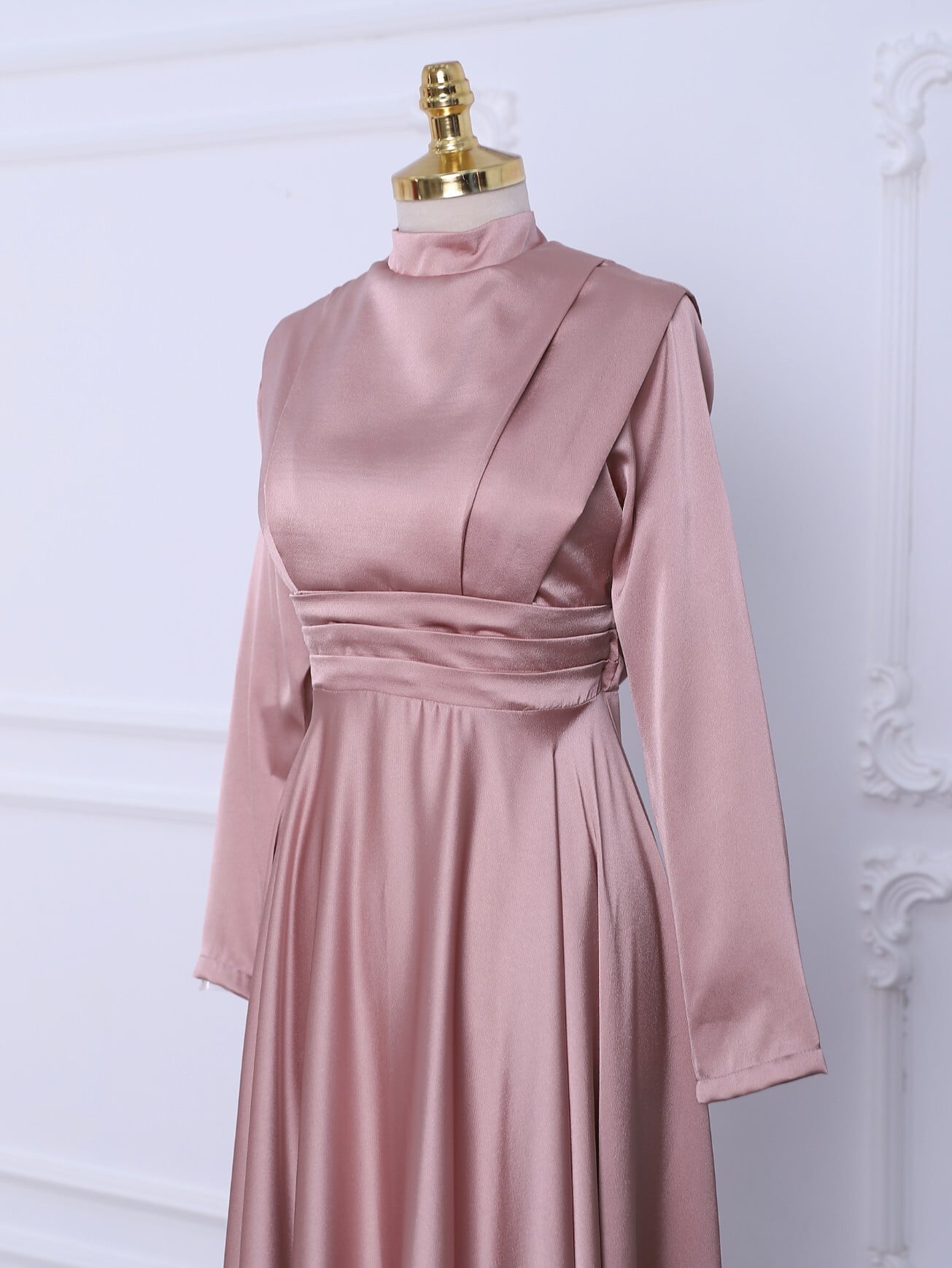Belted Pleated Satin Evening Dress with High Neckline - Powder - Podyumplus - by Peralane