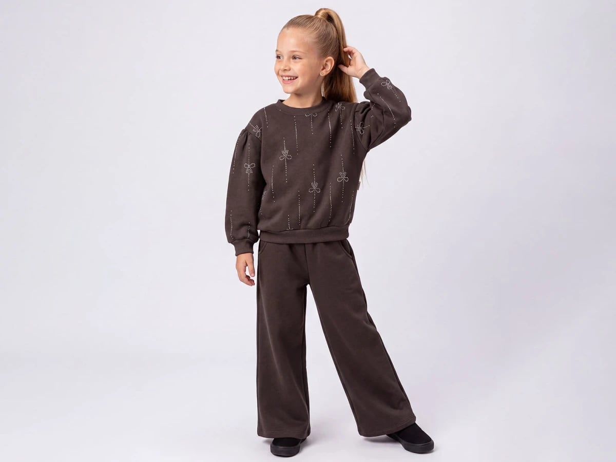 Girls' Bow Sparkle Detail Sweatshirt and Trousers Set - Brown - Feely Kids - by Peralane