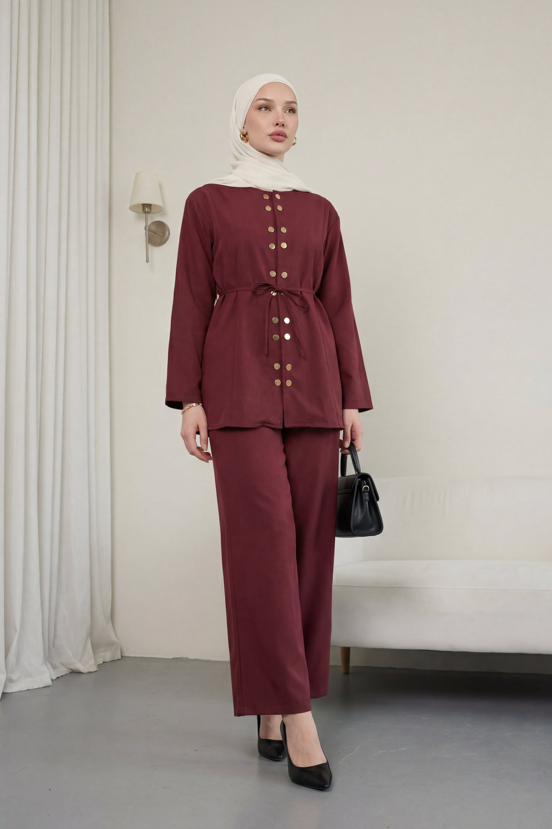 Double Snap Detail Round Neck Wide Leg Trousers Modal Set - Burgundy - Podyumplus - by Peralane - photo 5