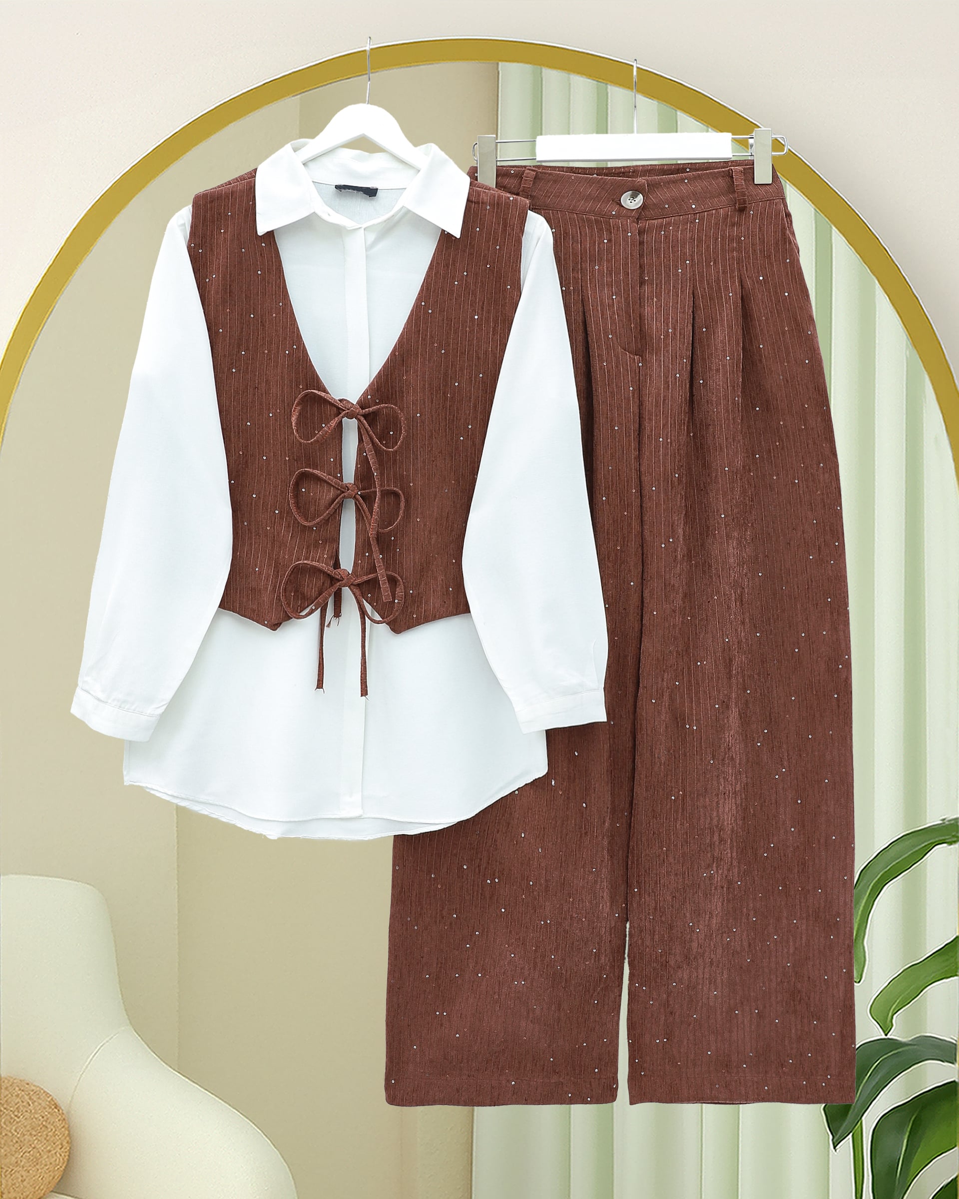Tie-Front Vest and Corduroy Trouser Set - Podyumplus - by Peralane - photo 2