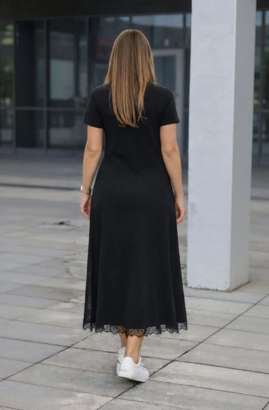 Women's Short Sleeve Round Neck Side Slit Lace Detail Long Viscose Dress - Janes - by Peralane - photo 3