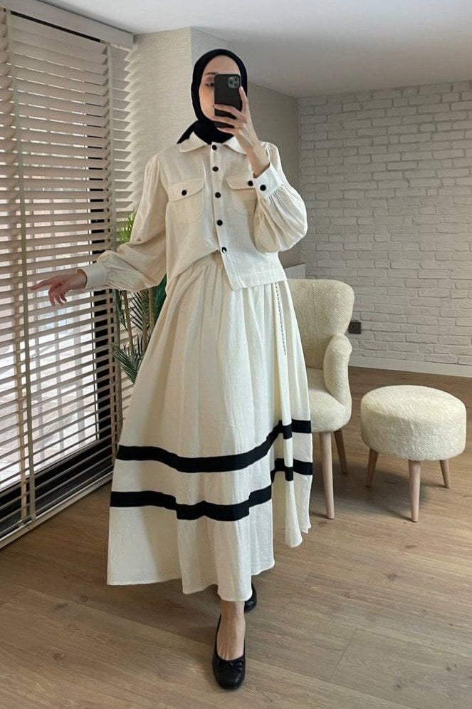 Women's Two-Piece Linen Look Set: Cream Blouse with Balloon Sleeves and Long Skirt with Striped Details - Podyumplus - by Peralane