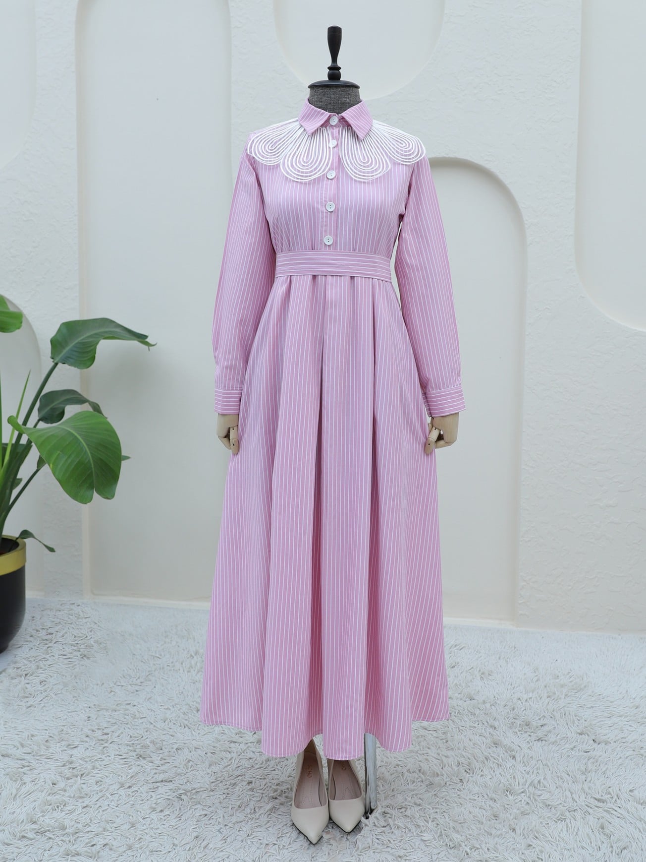 Striped Organza Shirt Collar Dress with Belt - Pink - Podyumplus - by Peralane - photo 3