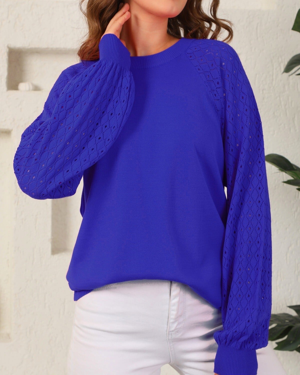 Women's Open-Knit Raglan Sleeve Sweater in Royal Blue - Podyumplus - by Peralane - photo 3