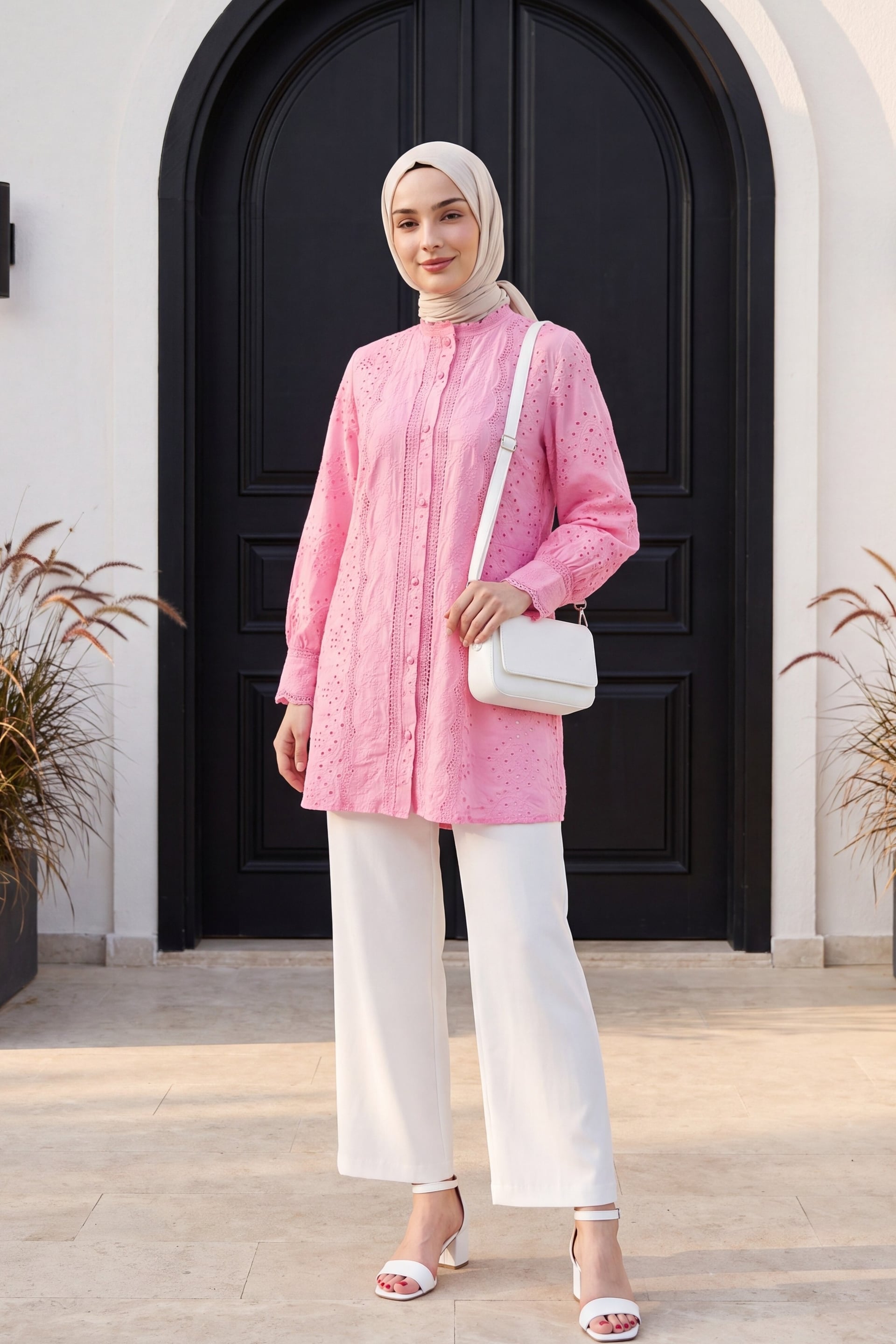 Pink Eyelet Tunic with Floral Embroidery and Band Collar - Podyumplus - by Peralane - photo 2
