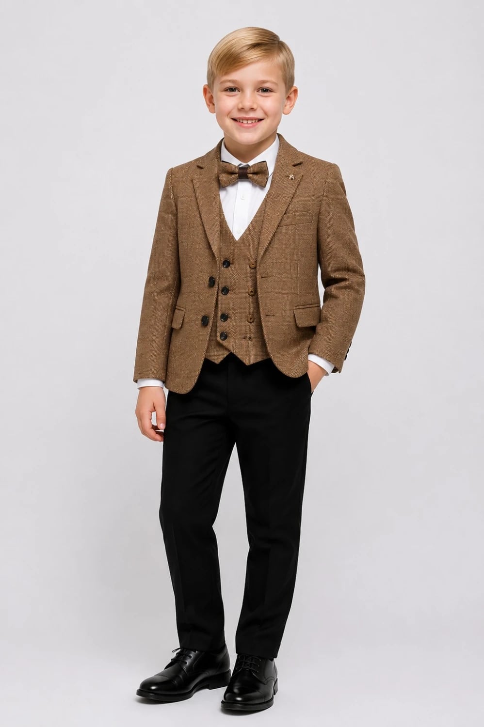 Boys' Brown Tweed Suit Set with Waistcoat, Shirt, and Bow Tie - Terry - by Peralane