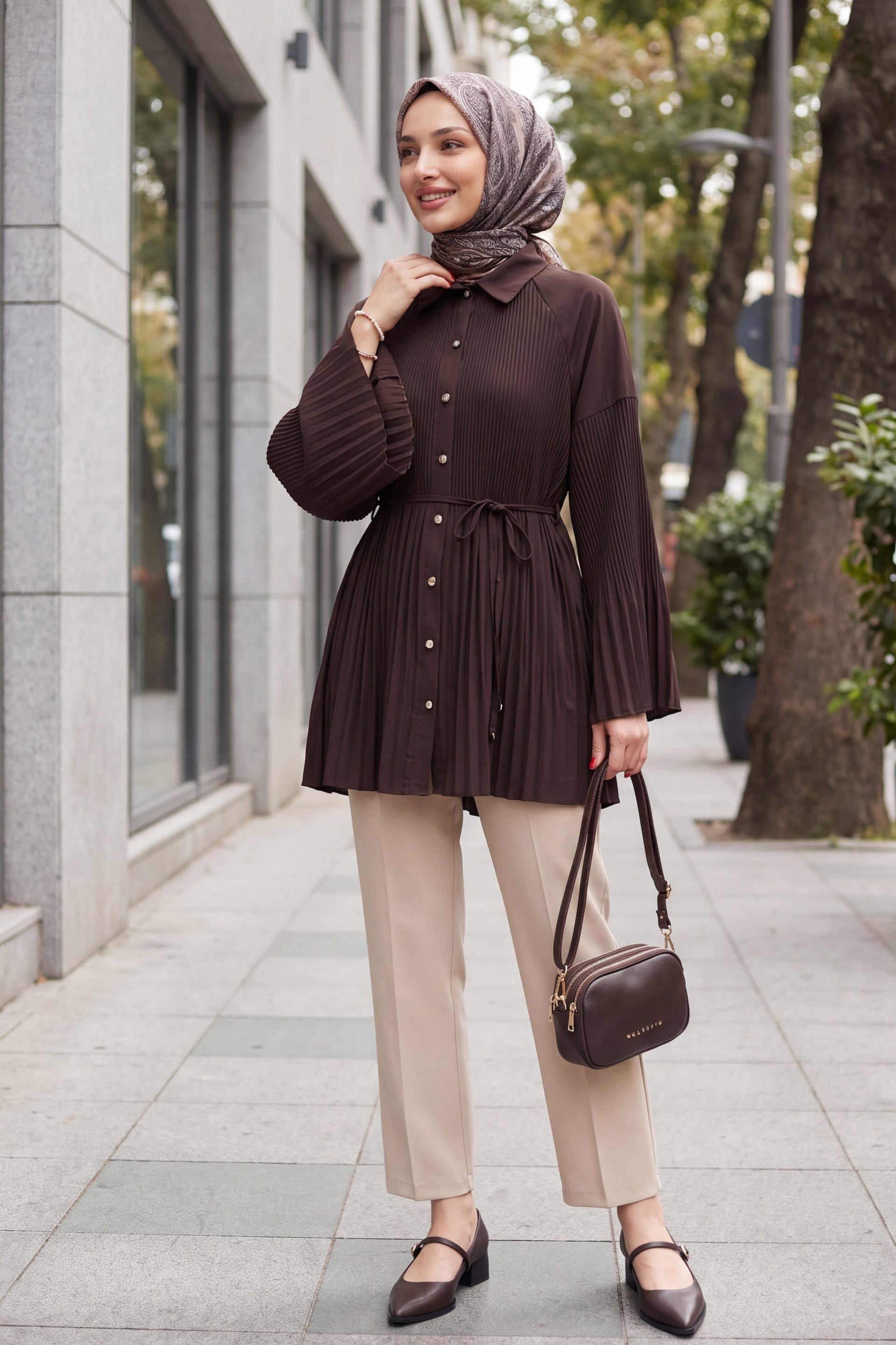 Belted Stone-Button Pleated Poplin Tunic - Brown - Podyumplus - by Peralane - photo 3