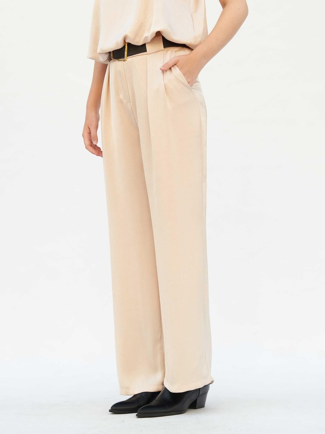 Beige Satin Wide-Leg Trousers with Belt - Lefon - by Peralane - photo 9