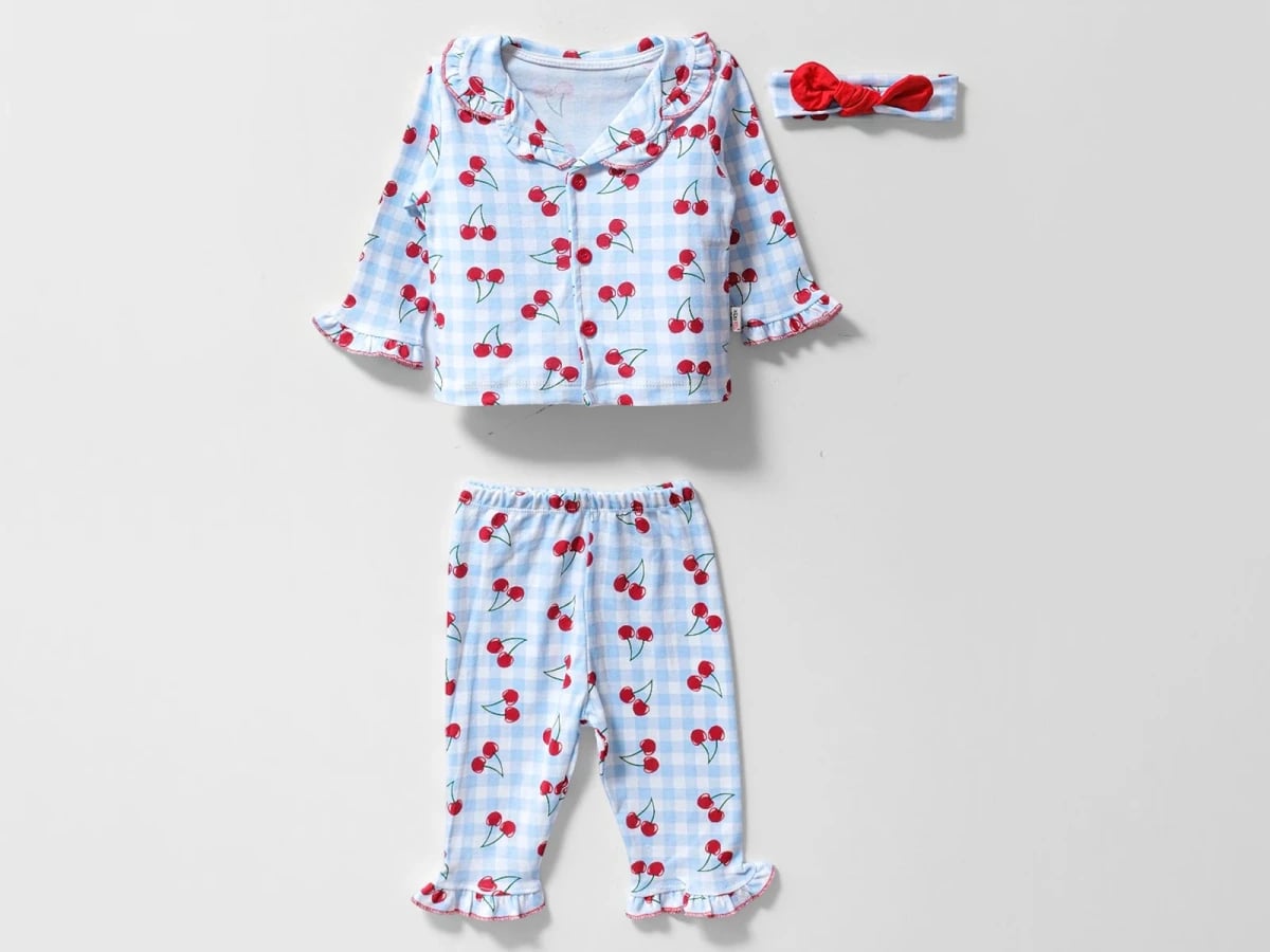 Girls' Cherry Print Gingham Pajama Set with Headband - Dolas - by Peralane