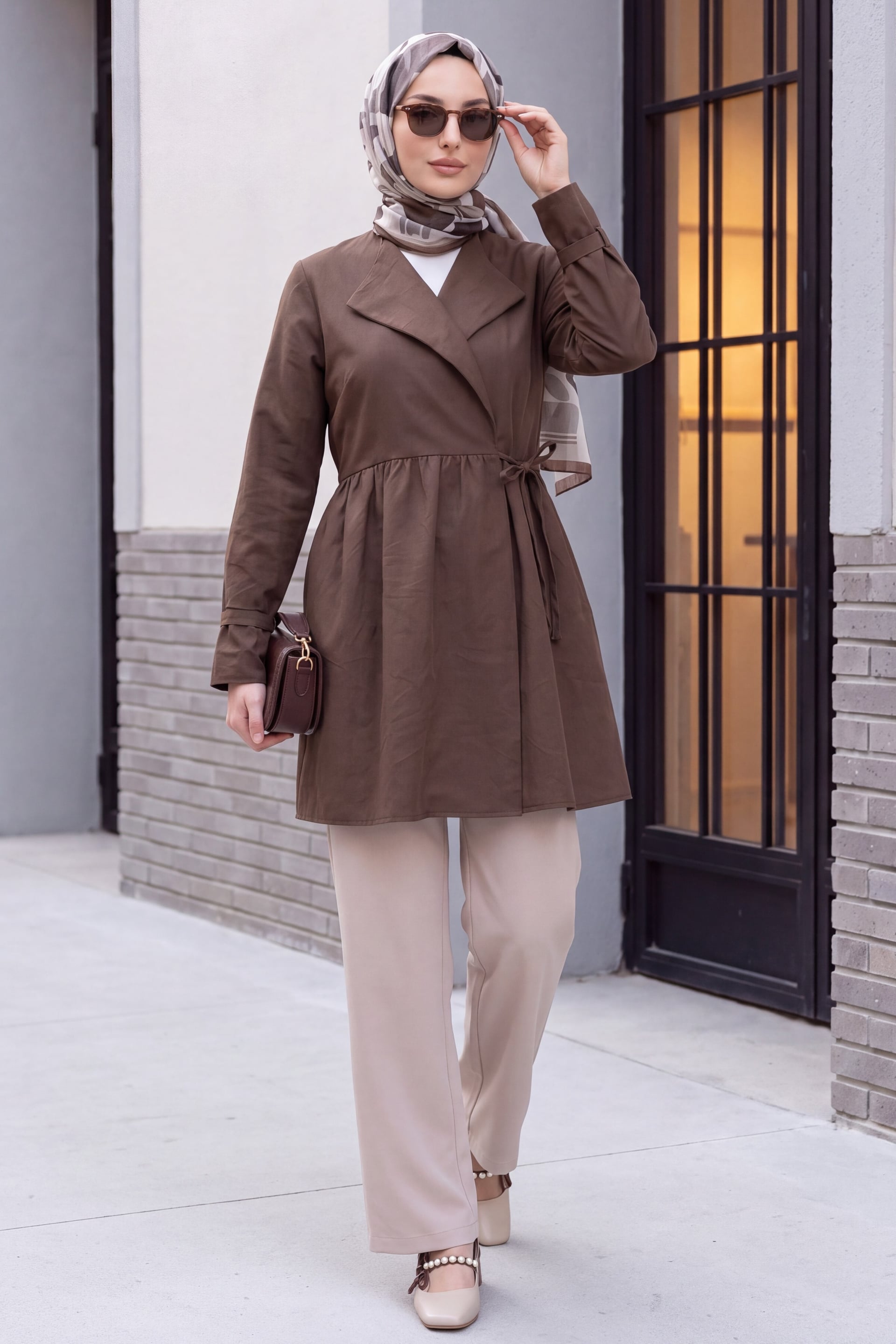 Side Lace-Up Cuff Slit Kimono - Brown - Podyumplus - by Peralane - photo 2
